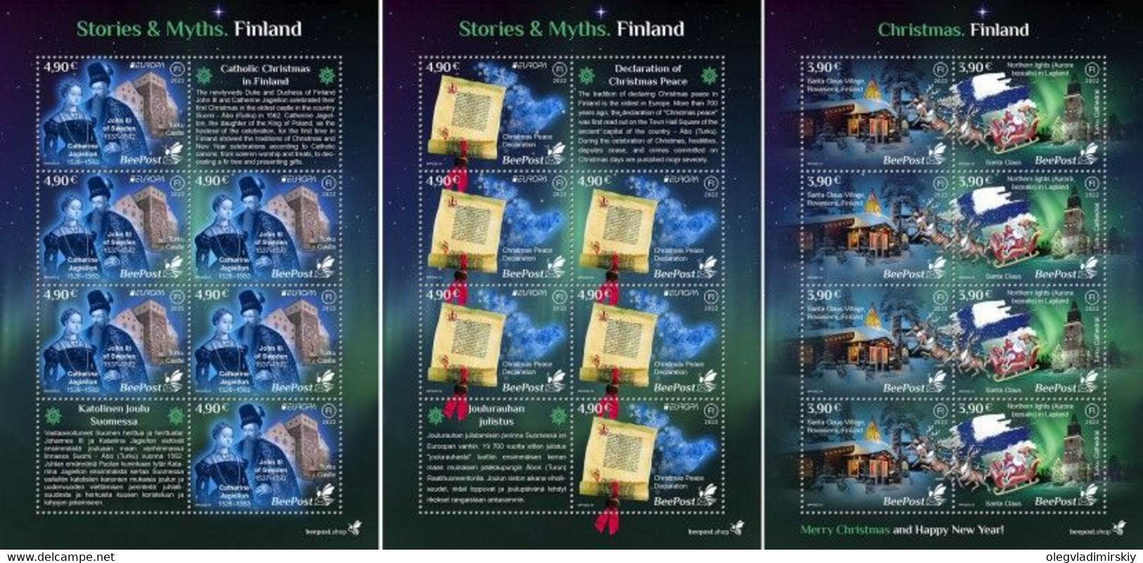 Finland 2022 Stories And Myths Legends Of Old Castles And Christmas Traditions BeePost Set Of 3 Sheetlets With Labels - Nuovi
