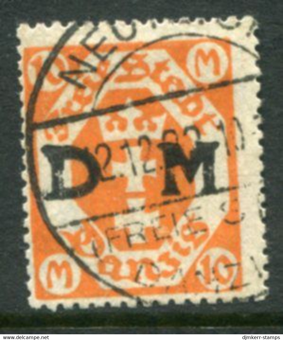 DANZIG 1922 Official Overprint On Arms 10 Mk. Postally Used With Neuteich Postmark  Michel Dienst 27, Infla Expertised - Service