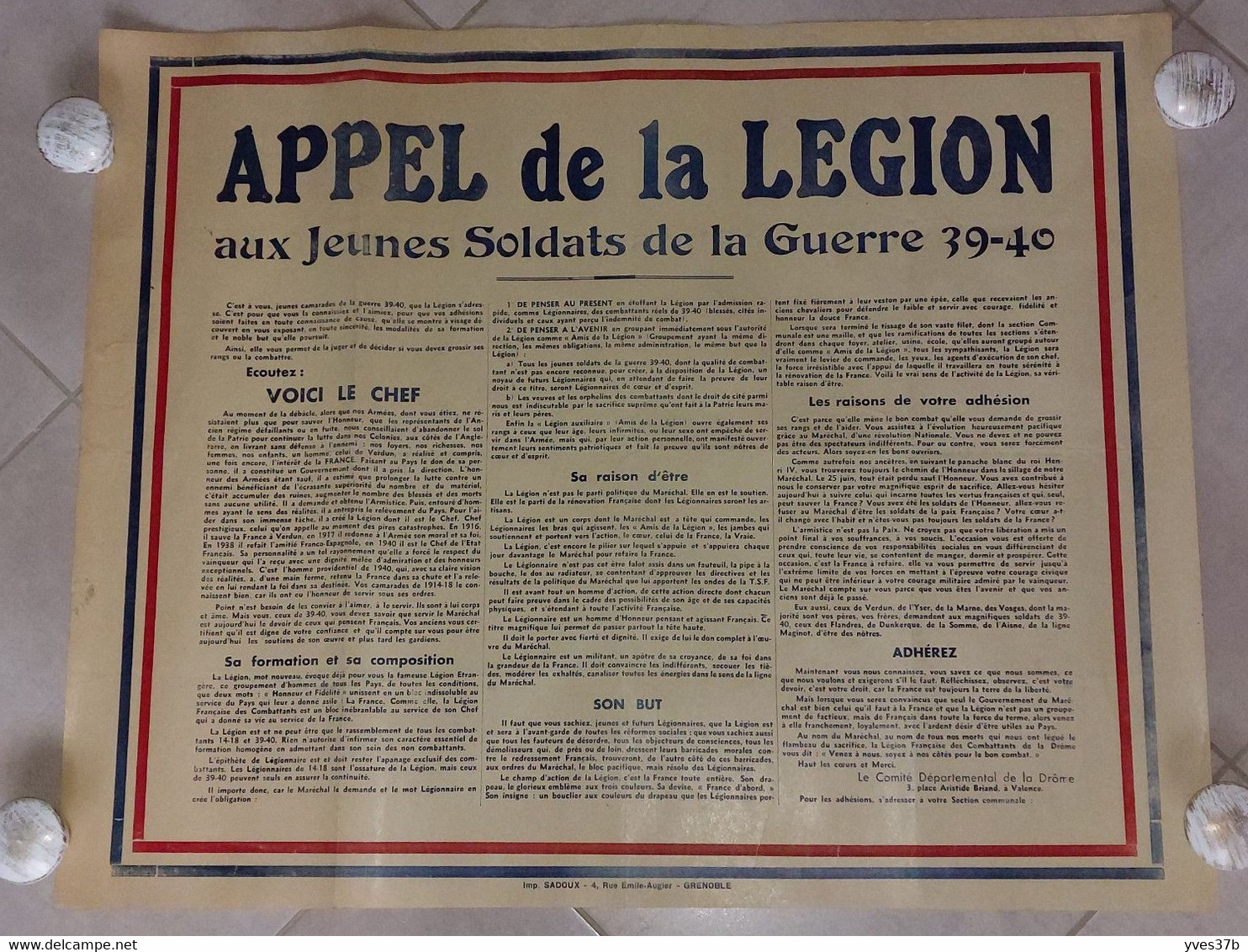 "APPEL De La LEGION Aux Jeunes Soldats De La Guerre De 39/40" Comité Départemental De La Drome - 56x70 - TTB - Afiches