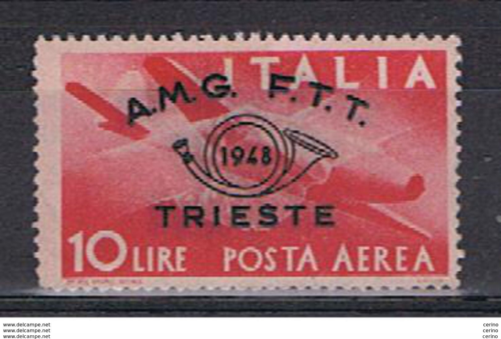 TRIESTE  A  VARIETA':  1948  P.A. CONVEGNO  FILATELICO  -  £. 10  ROSA  CARMINIO  N. -  DECALCO  -  SASS. A 17 B - Luftpost