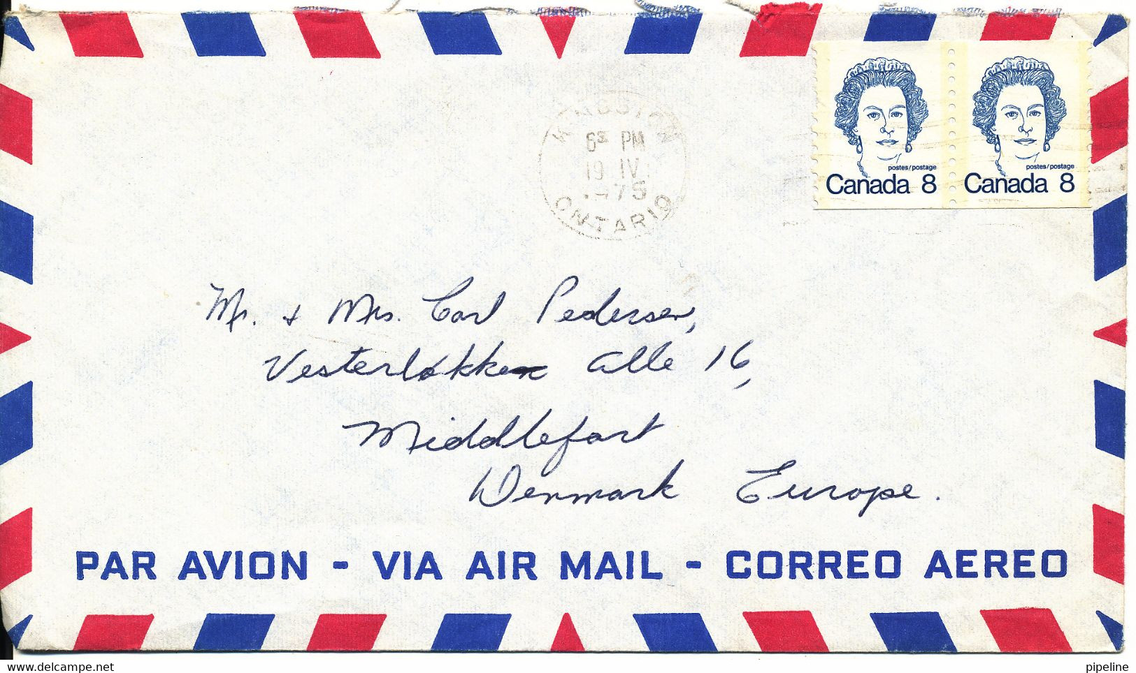 Canada Air Mail Cover Sent To Denmark 19-4-1975 - Luchtpost