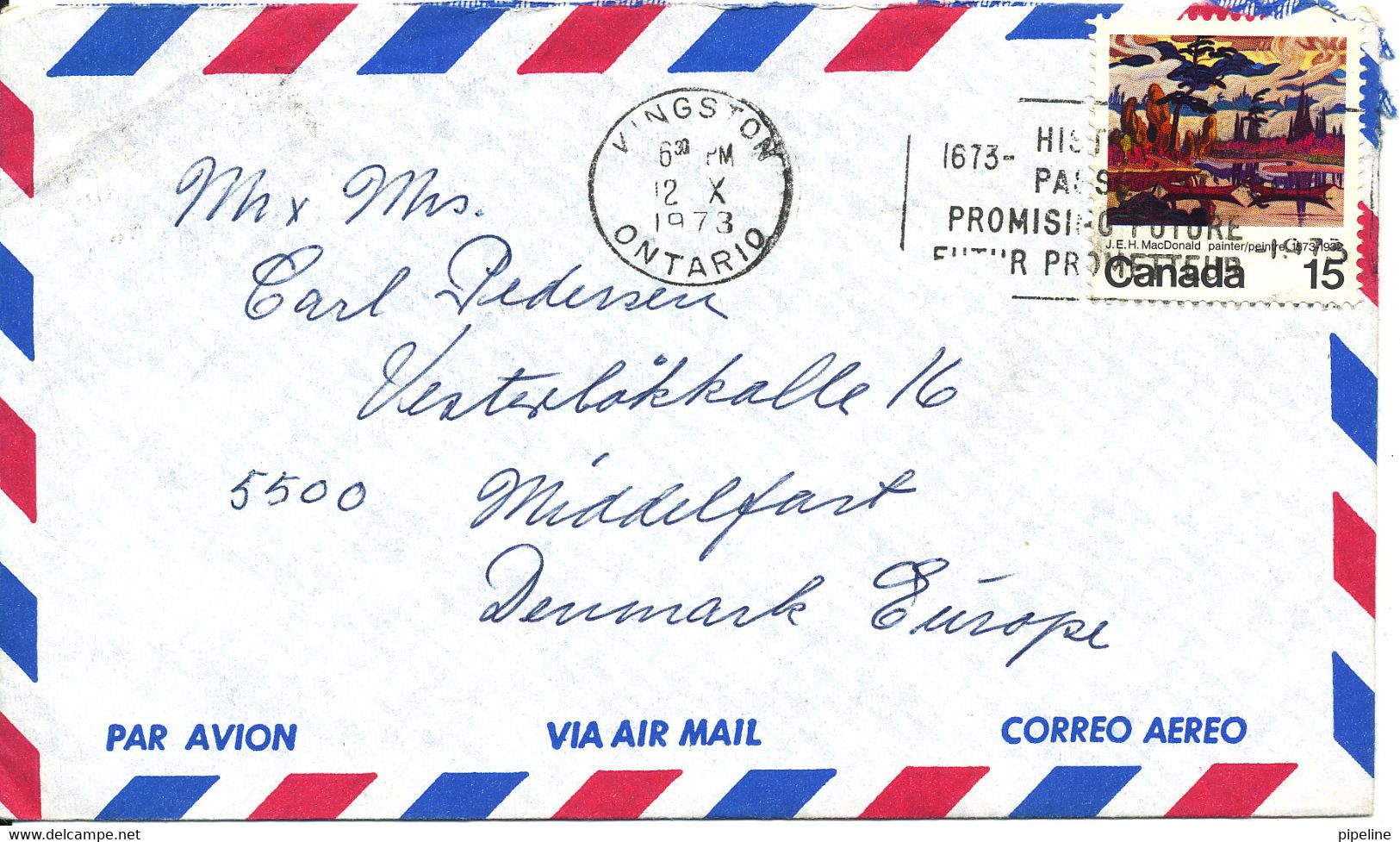 Canada Air Mail Cover Sent To Denmark Kingston 12-10-1973 Single Franked - Luchtpost