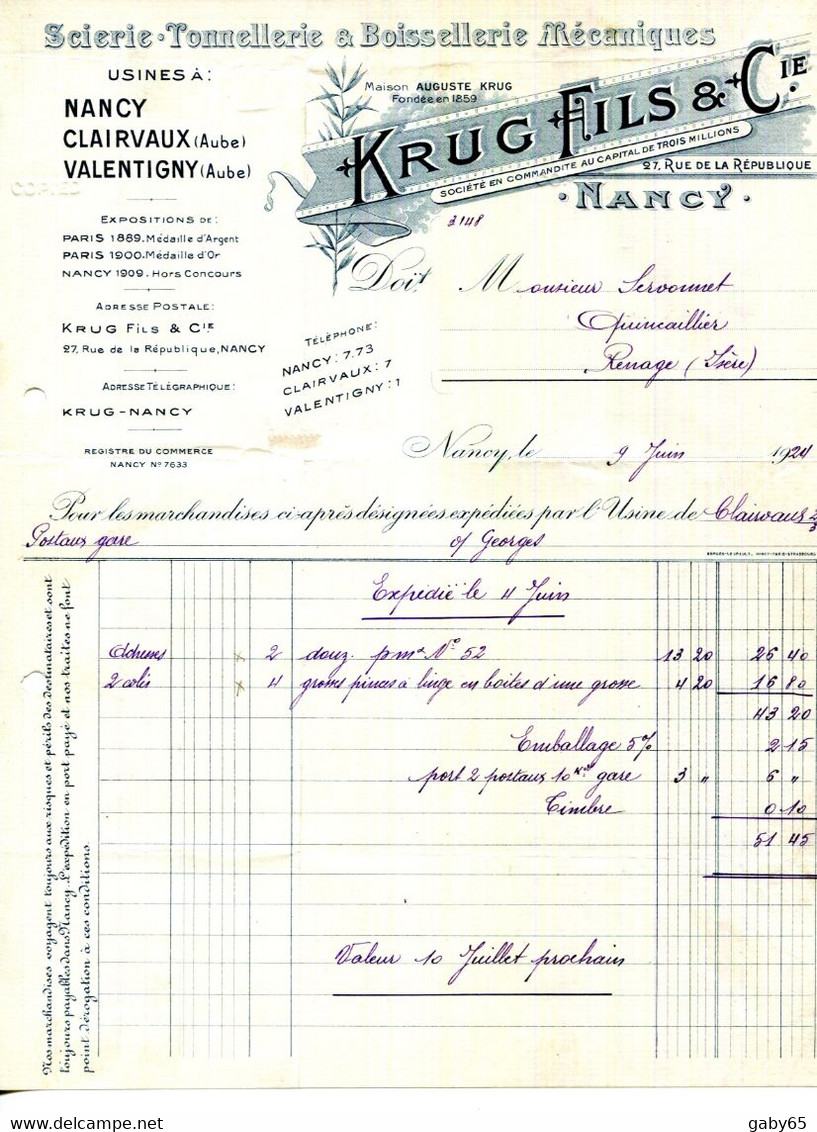 FACTURE.54.NANCY.SCIERIE.TONNELLERIE & BOISSELLERIE MECANIQUE.USINES A CLAIRVAUX & VALENTIGNY ( AUBE) - Other & Unclassified