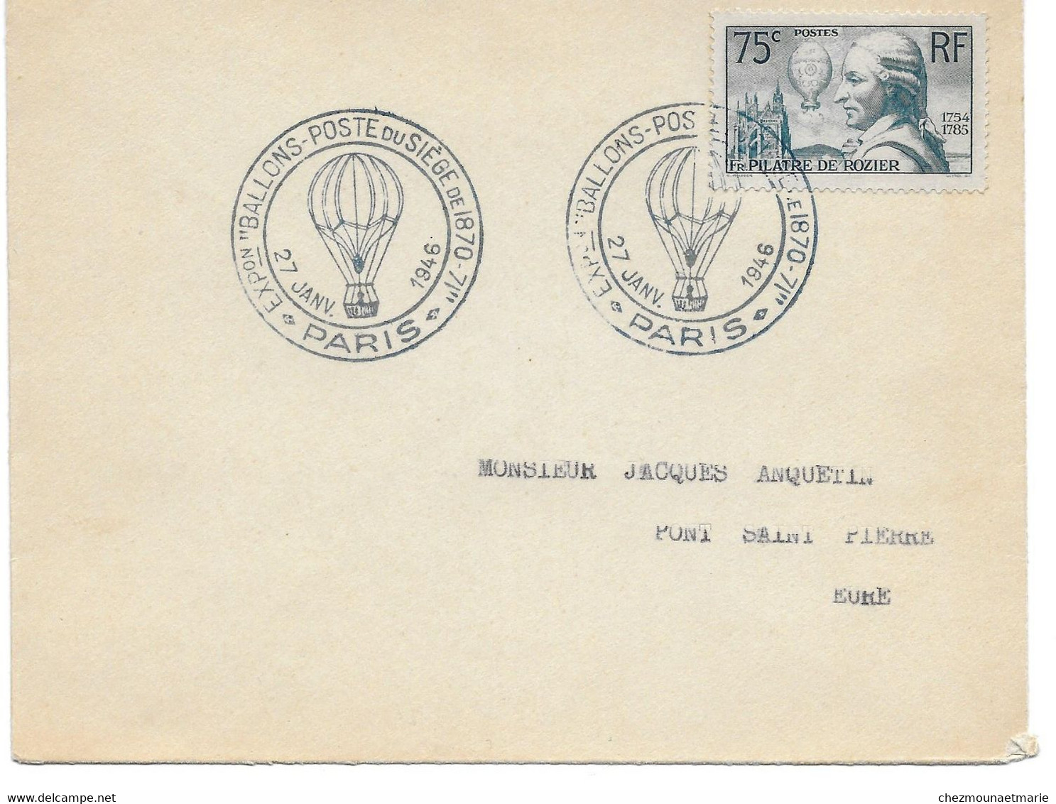 1946 EXPOSITION BALLONS POSTE DU SIEGE DE 1870 TIMBRE PILATRE DE ROZIER - Covers & Documents
