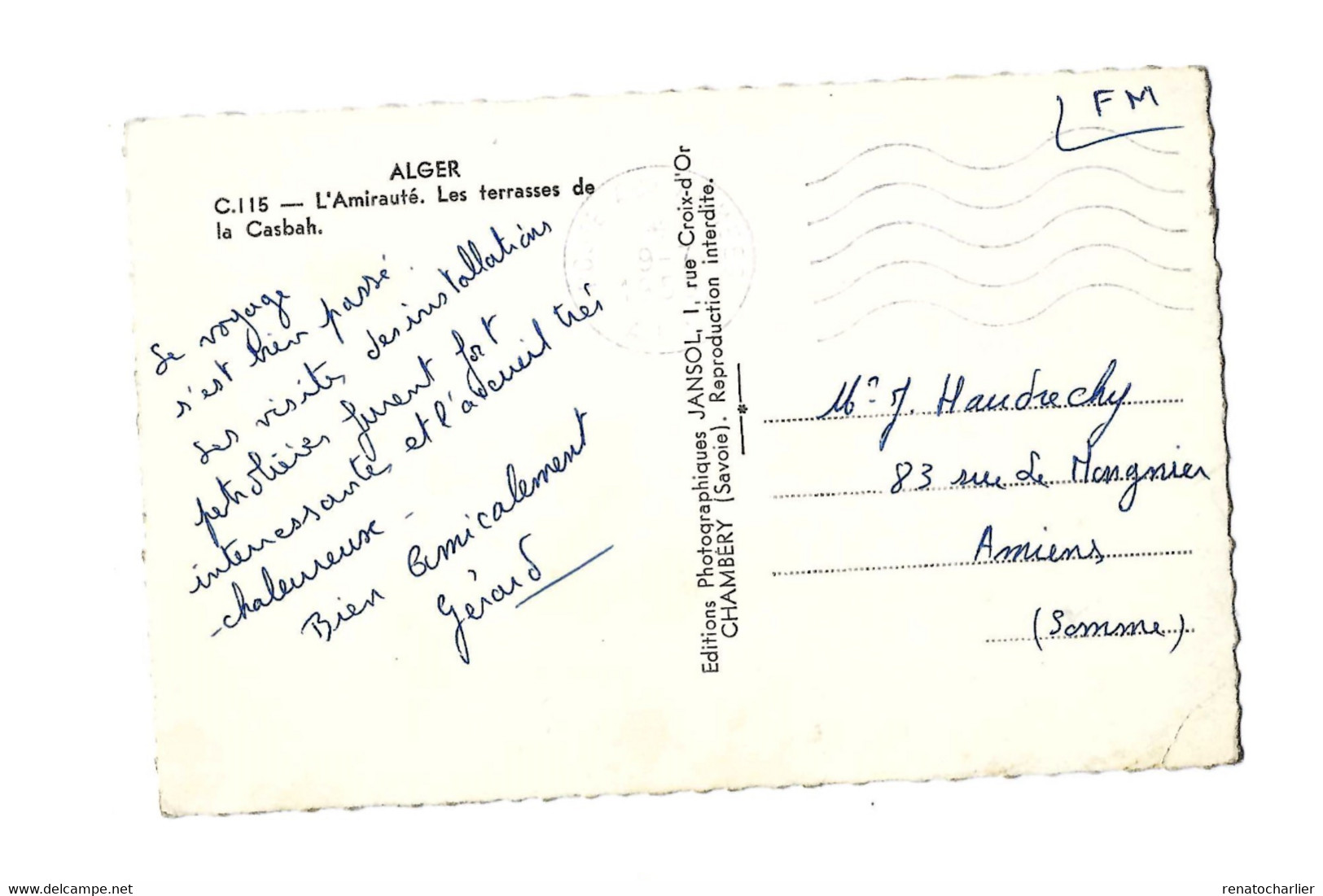 Oblitération "Poste Aux Armées AFN" Sur Carte Postale Expédiée En Franchise Militaire à Amiens. - War Of Algeria