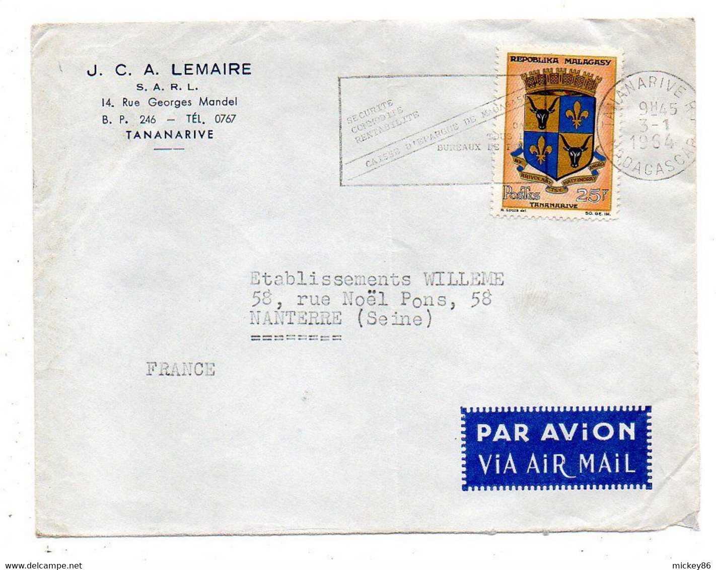 MADAGASCAR- 1964 - Lettre TANANARIVE  Pour NANTERRE -92 (France)..timbre (blason) Seul Sur Lettre....cachet - Madagaskar (1960-...)