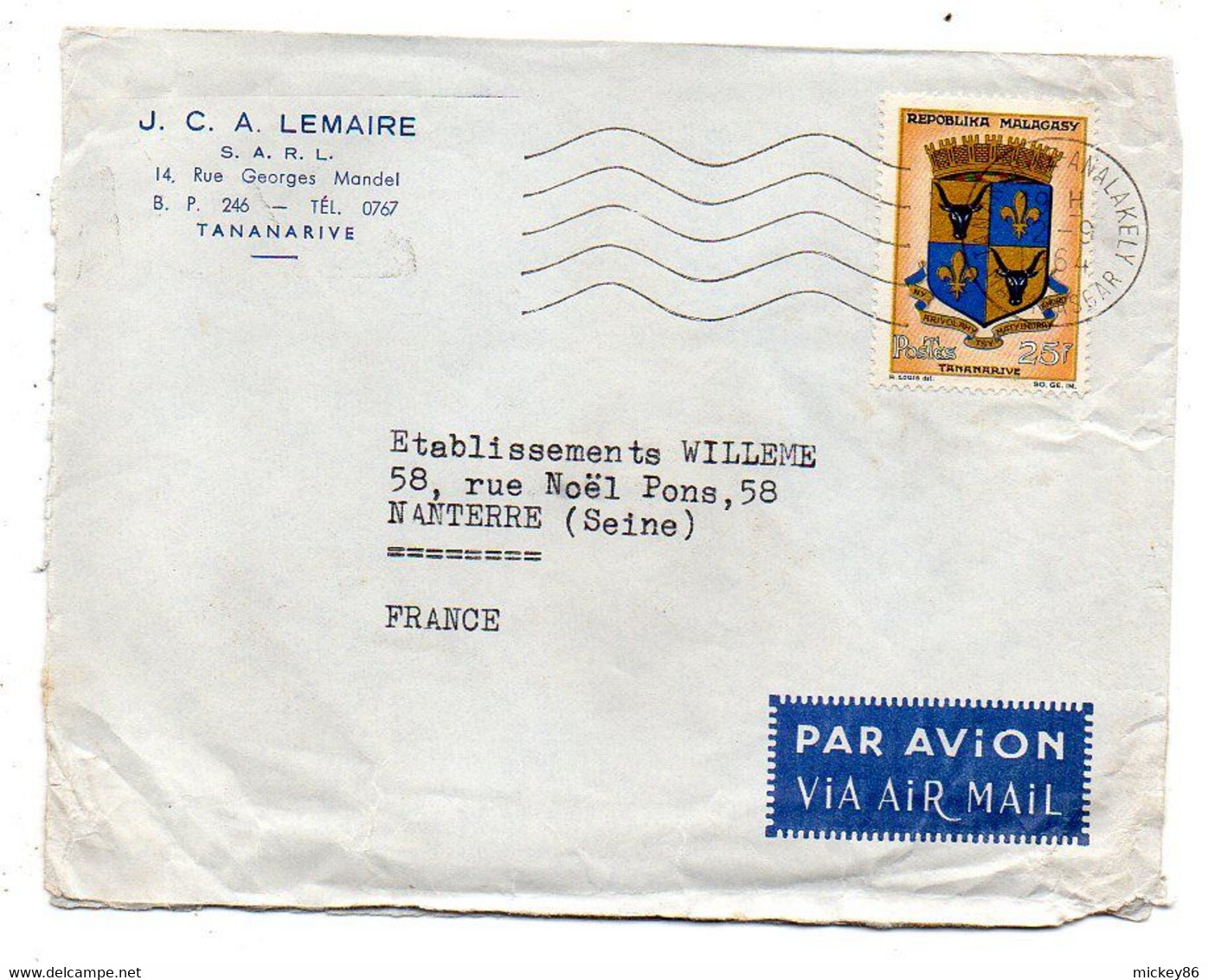 MADAGASCAR- 1964 - Lettre TANANARIVE  ANALAKELY Pour NANTERRE -92 (France)..timbre (blason) Seul Sur Lettre....cachet - Madagascar (1960-...)