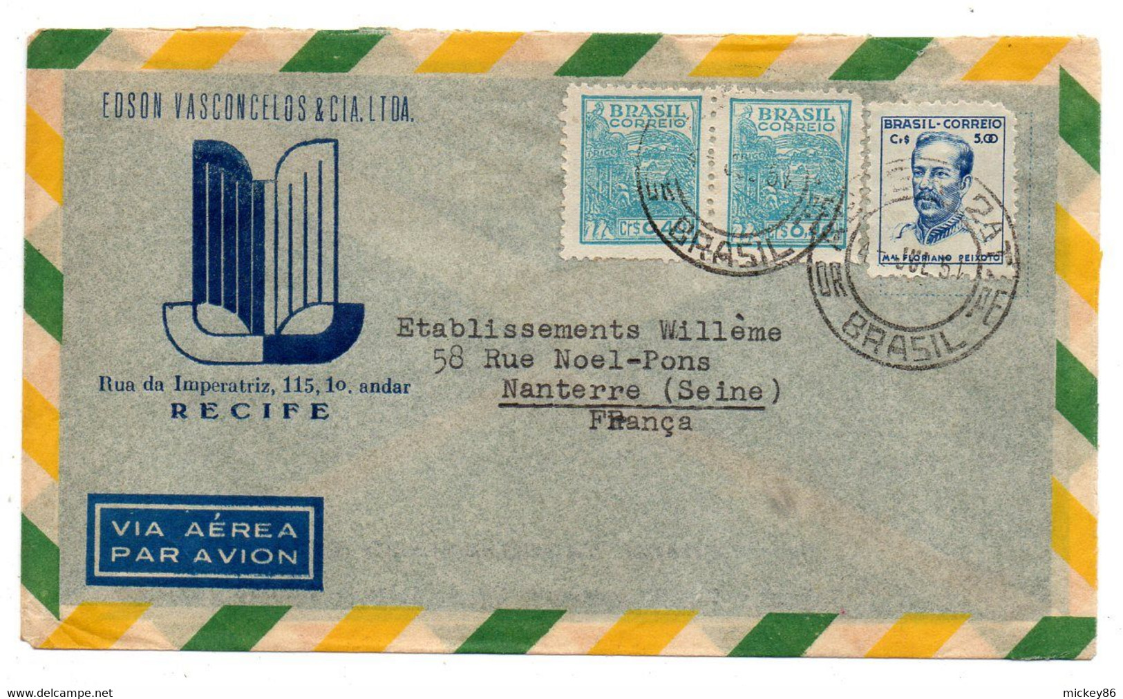 BRESIL -1951 -lettre RECIFE  Pour NANTERRE -92 (France)..timbres Sur Lettre....cachet .. - Brieven En Documenten