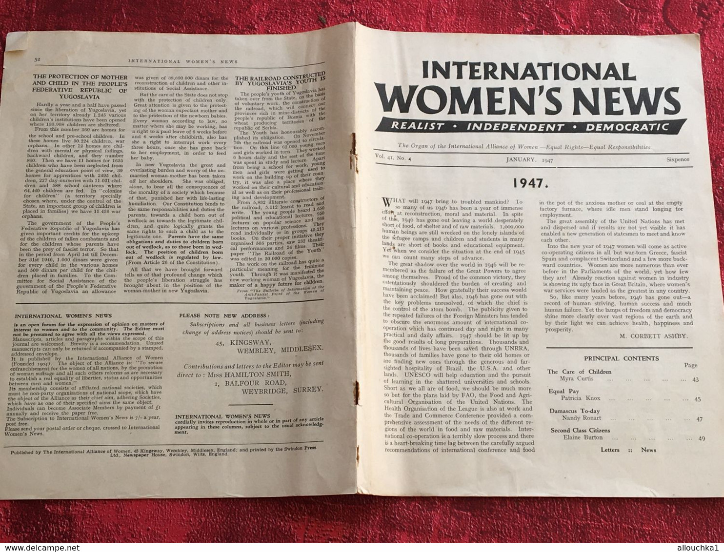 Januar 1947 International Women's News✔️Realist-Independent-Democratic -The Organ Of The International Alliance Of Women - Histoire