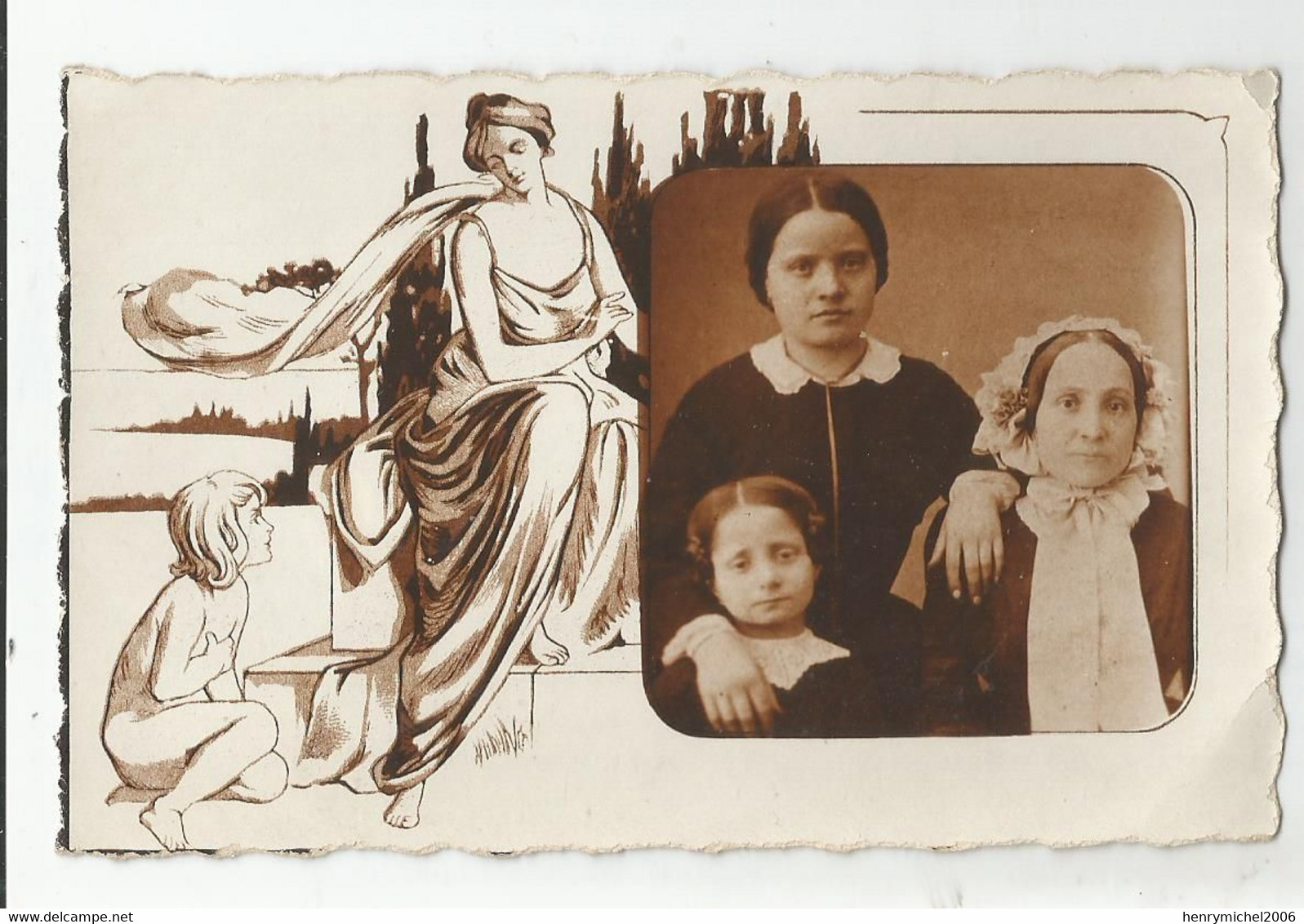 Carte Photo Femmes Et Femme Avec Coiffe Montage Medaillon Et Dessin - Fotografie