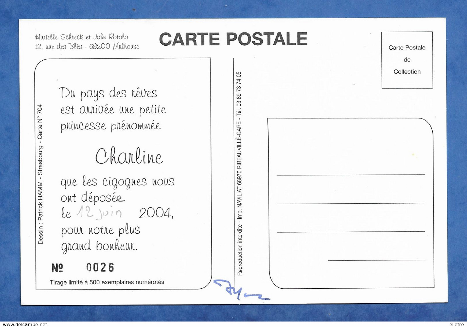 CPM Illustrateur Patrick Hamm - Faire Part De Naissance Privé CHARLINE ET ROTOLO Signée 26/500 Dorure Cigogne Humanisée - Hamm