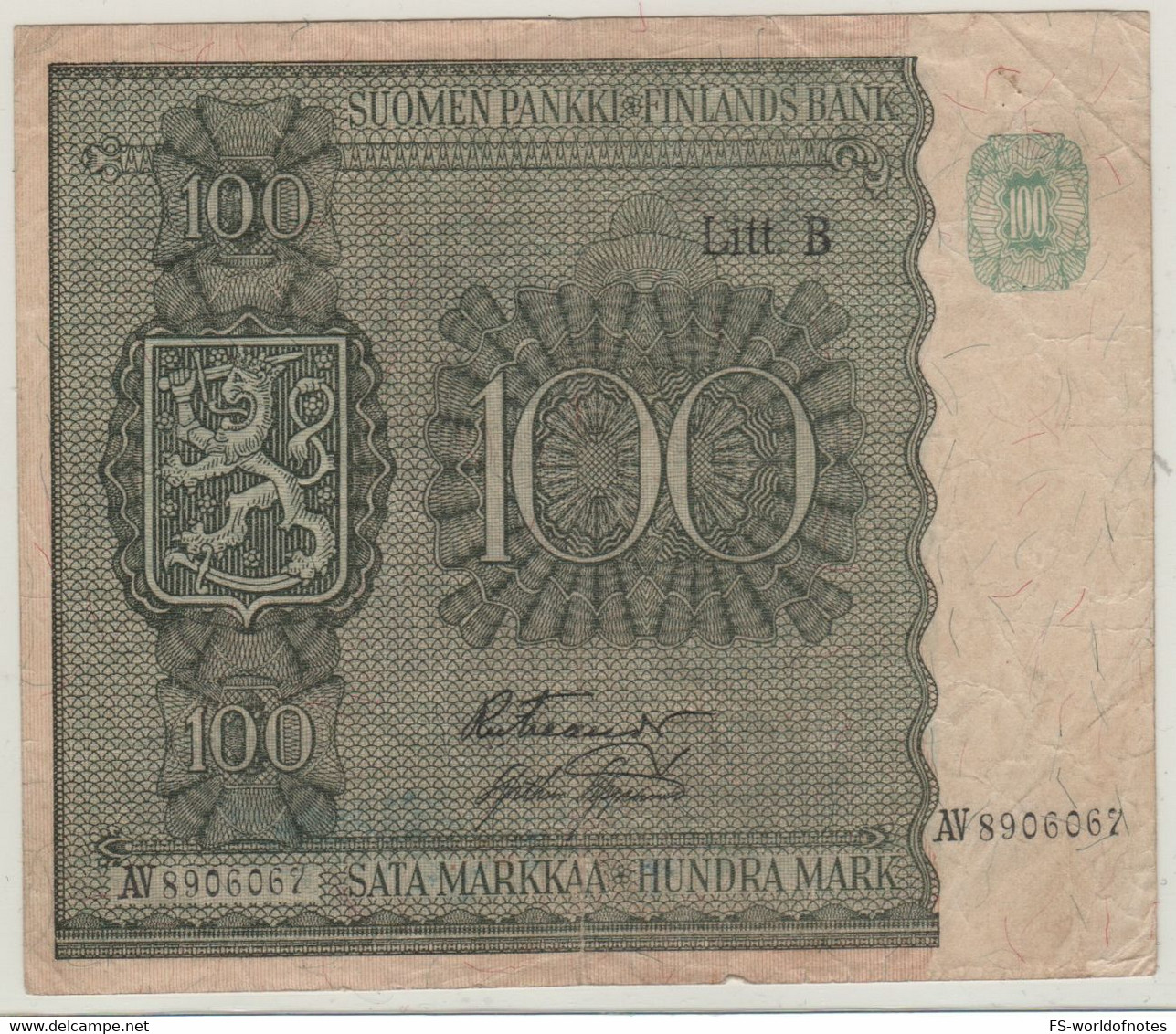 FINLAND   100 Markkaa   P88a   1945    Litt.  B    Arms + Woman With Lion  On Back - Finnland