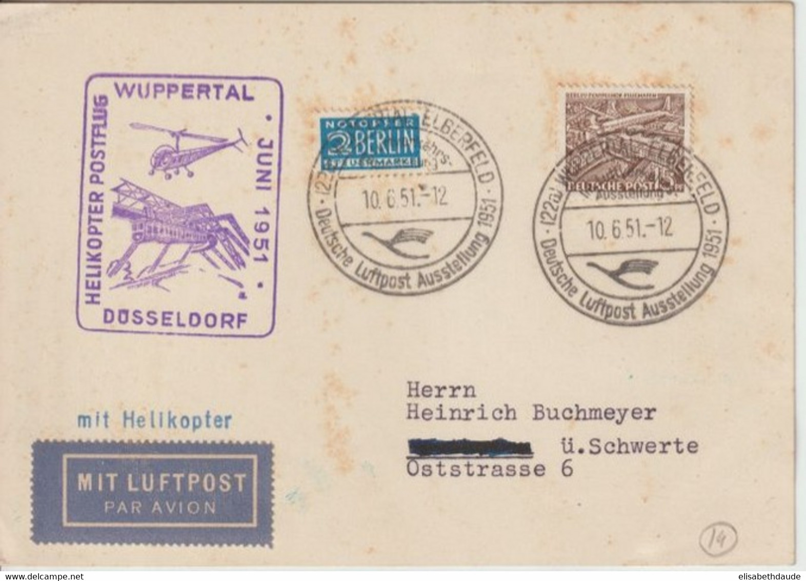 VOL HELICOPTERE ! - 1951 - CARTE VOL WUPPERTAL à DÜSSELDORF Avec TIMBRE De BERLIN - Storia Postale