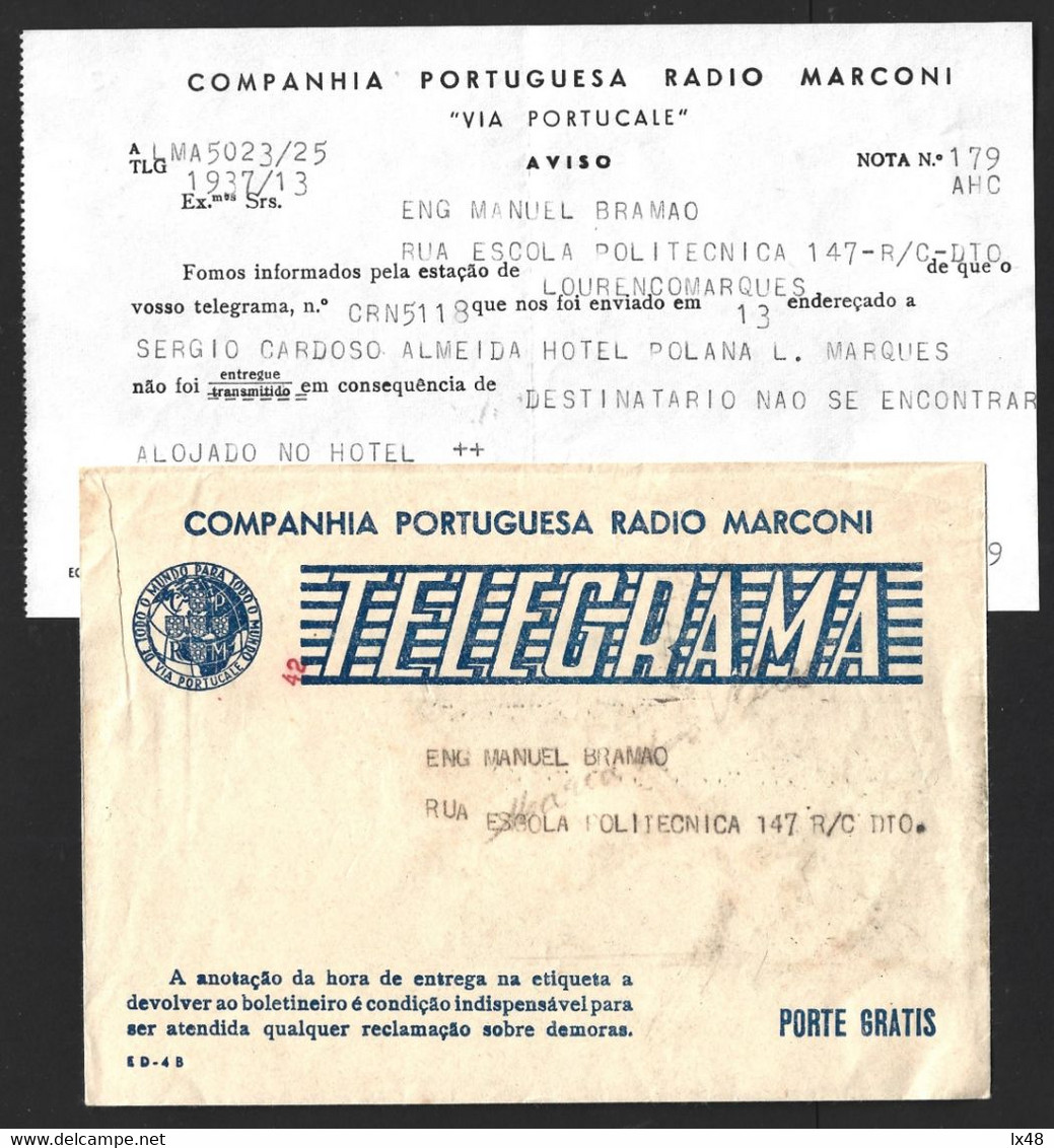 Telegrama Da Companhia Rádio Marconi Para Lourenço Marques Enviado Em 1969 Não Foi Entregue. Telegram From Rádio Marconi - Covers & Documents