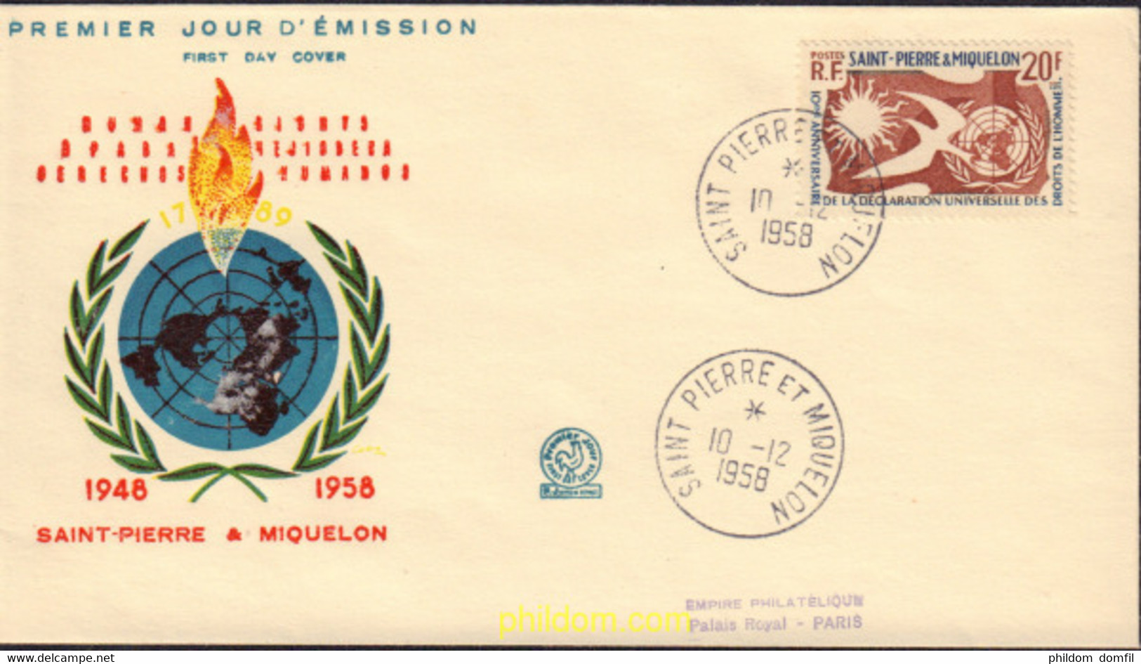 368969 MNH SAN PEDRO Y MIQUELON 1958 10 ANIVERSARIO DE LA DECLARACION DE LOS DERECHOS HUMANOS - Gebraucht