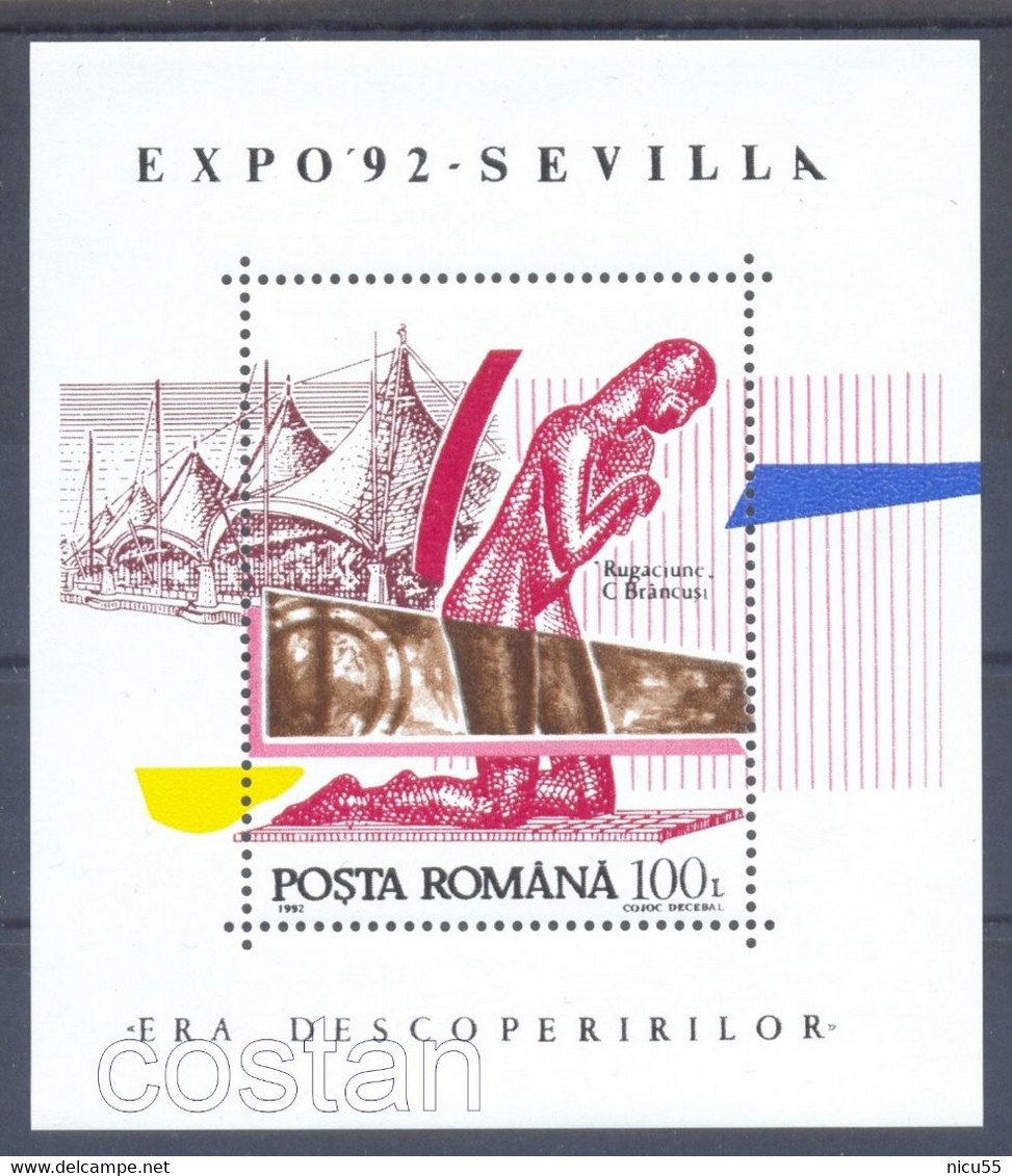 1992 Seville Expo,the Prayer/sculpture By Constantin Brancusi,Architecture,Exhibition Pavilion,Romania,Bl.276,MNH - 1992 – Séville (Espagne)