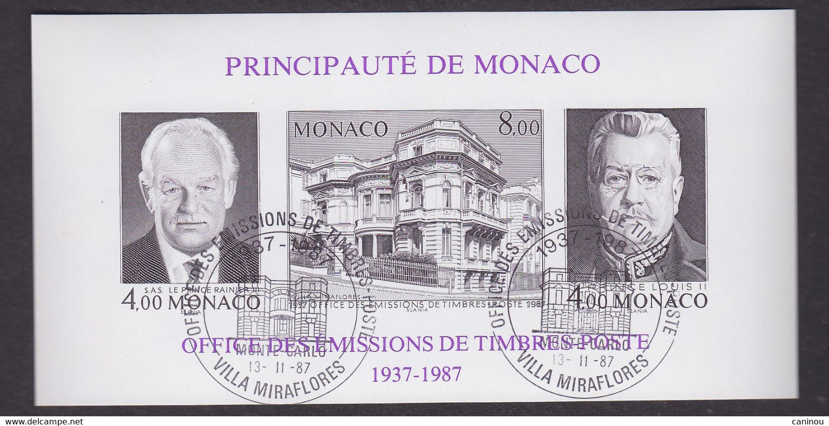 MONACO BLOC FEUILLET Y & T 39a  NON DENTELE OFFICE TIMBRES-POSTE PRINCES LOUIS II RAINIER III 1987 OBLITERE 1er JOUR - Blocs