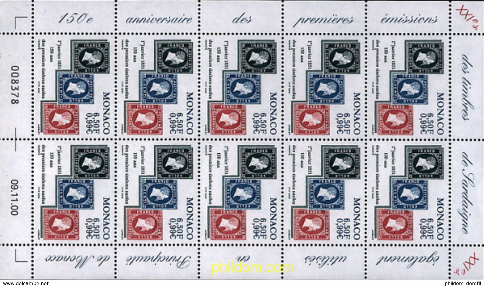 10421 MNH MONACO 2000 150 ANIVERSARIO DEL PRIMER SELLO DE CERDEÑA - Autres & Non Classés