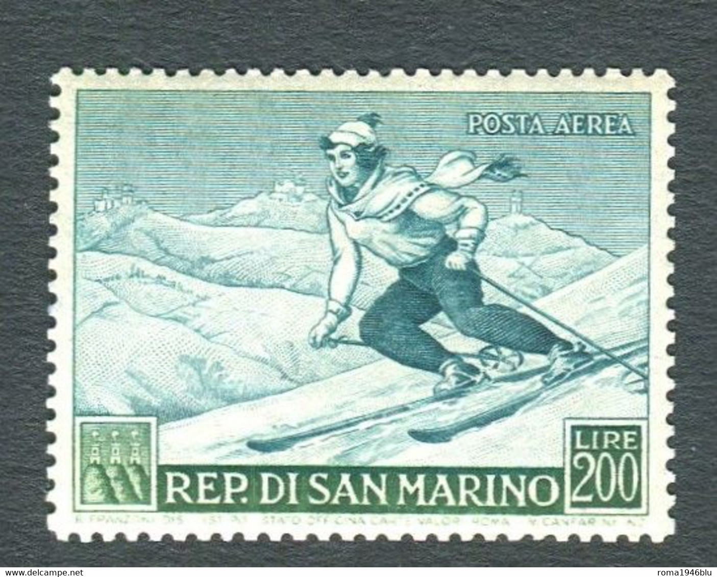 SAN MARINO 1953 PROPAGANDA SPORTIVA POSTA AEREA  200 L. ** MNH CENTRATA - Neufs