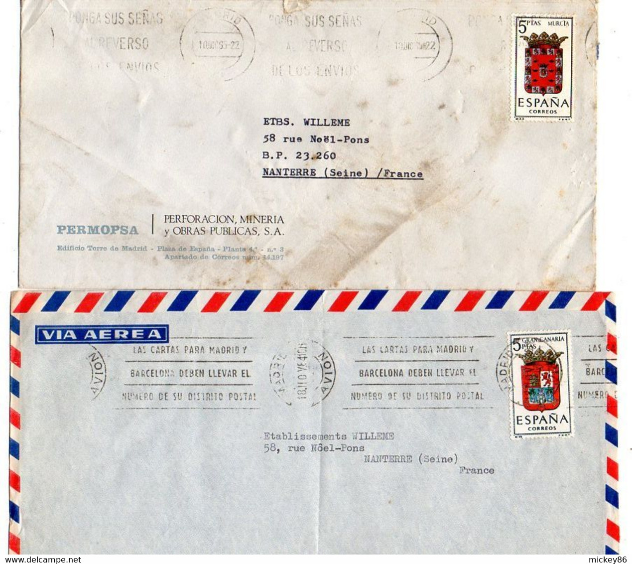 ESPAGNE--Lot De 2  Lettres  MADRID Pour NANTERRE-92 (France)-timbres Blasons Seuls Sur Lettre...cachet - Covers & Documents