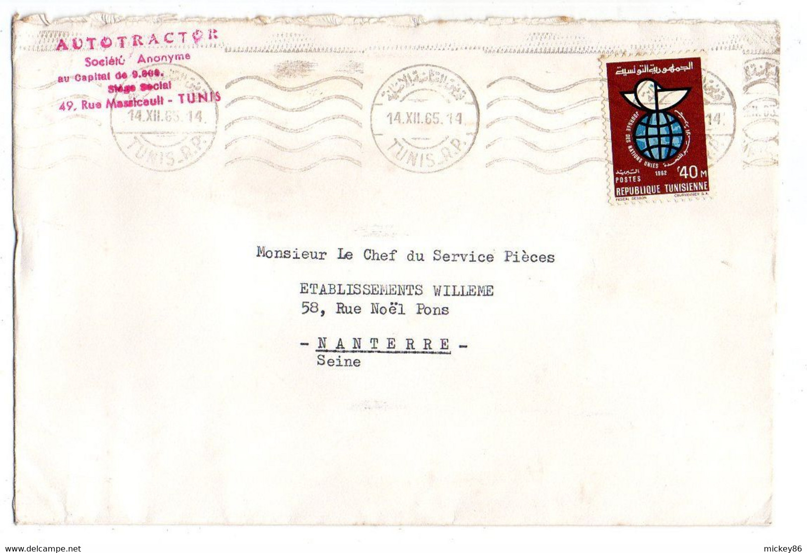 TUNISIE--1965--lettre TUNIS RP  Pour NANTERRE-92 (France)-timbre Seul Sur Lettre...cachet - Tunisia