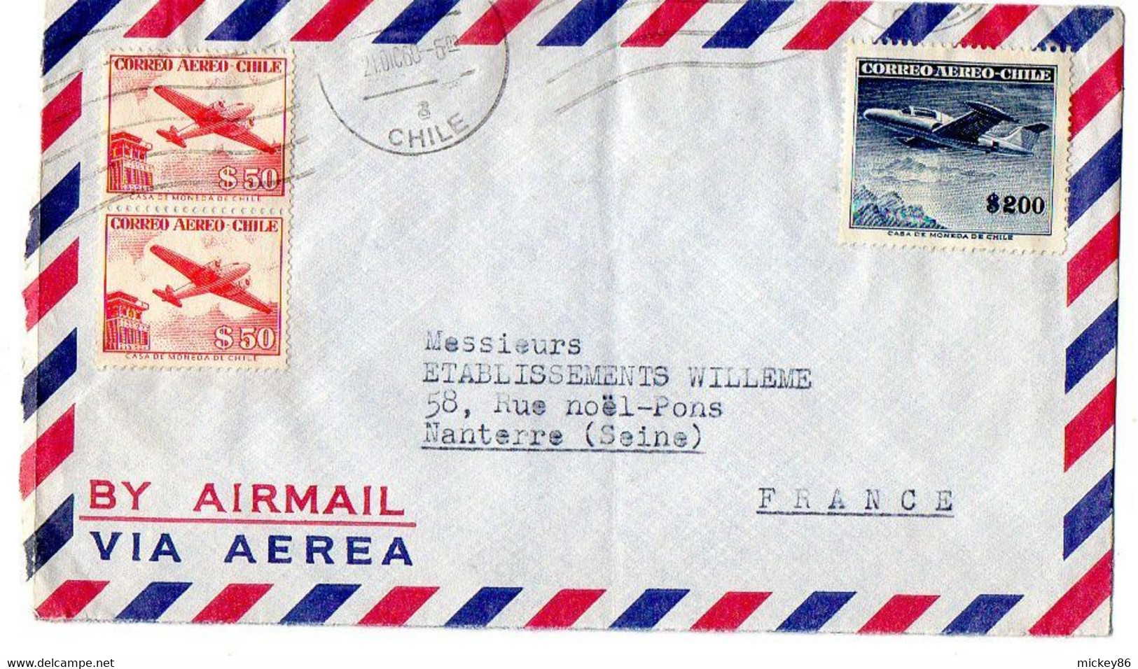 CHILI--1960--lettre  Pour NANTERRE-92 (France)- Timbres (avion ) Sur Lettre...cachet - Cile