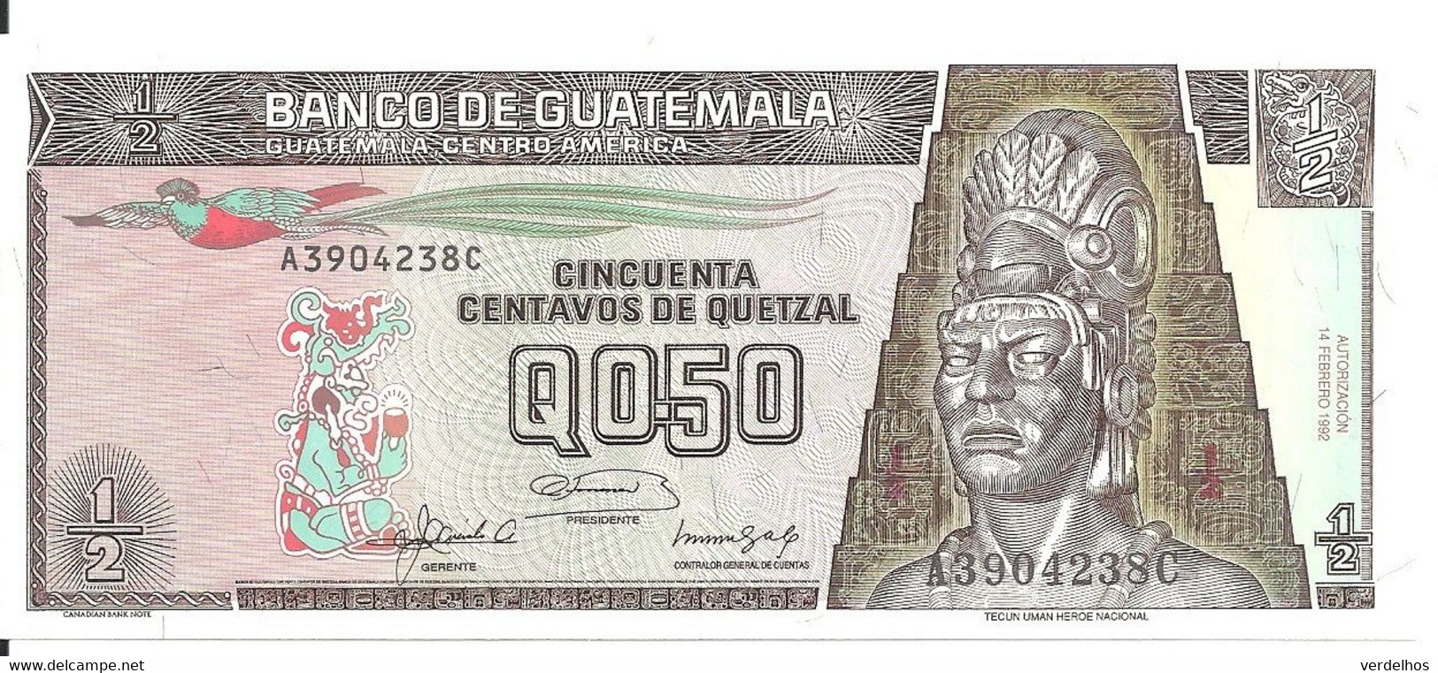 GUATEMALA 1/2 QUETZAL 1992 UNC P 72 - Guatemala