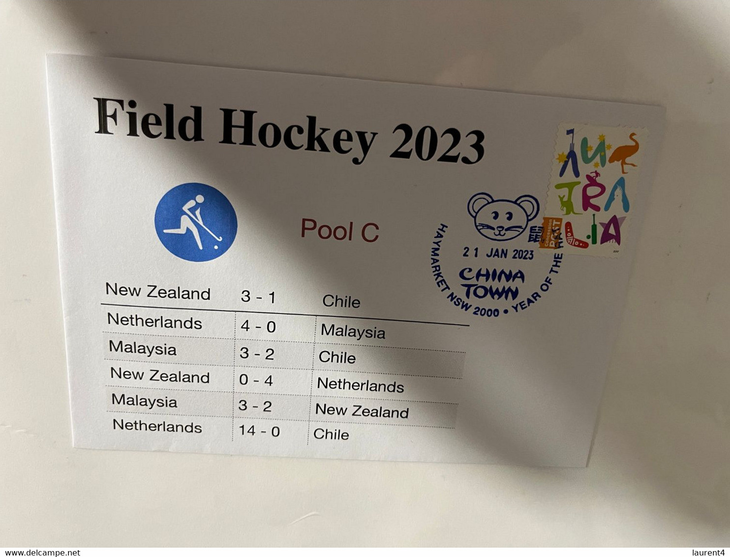 (1 Oø 17) India 2023 World Cup Field Hockey (1 Cover) 13 To 29 Janaury 2023 (with OZ Stamp) Pool C Resuts - Rasenhockey