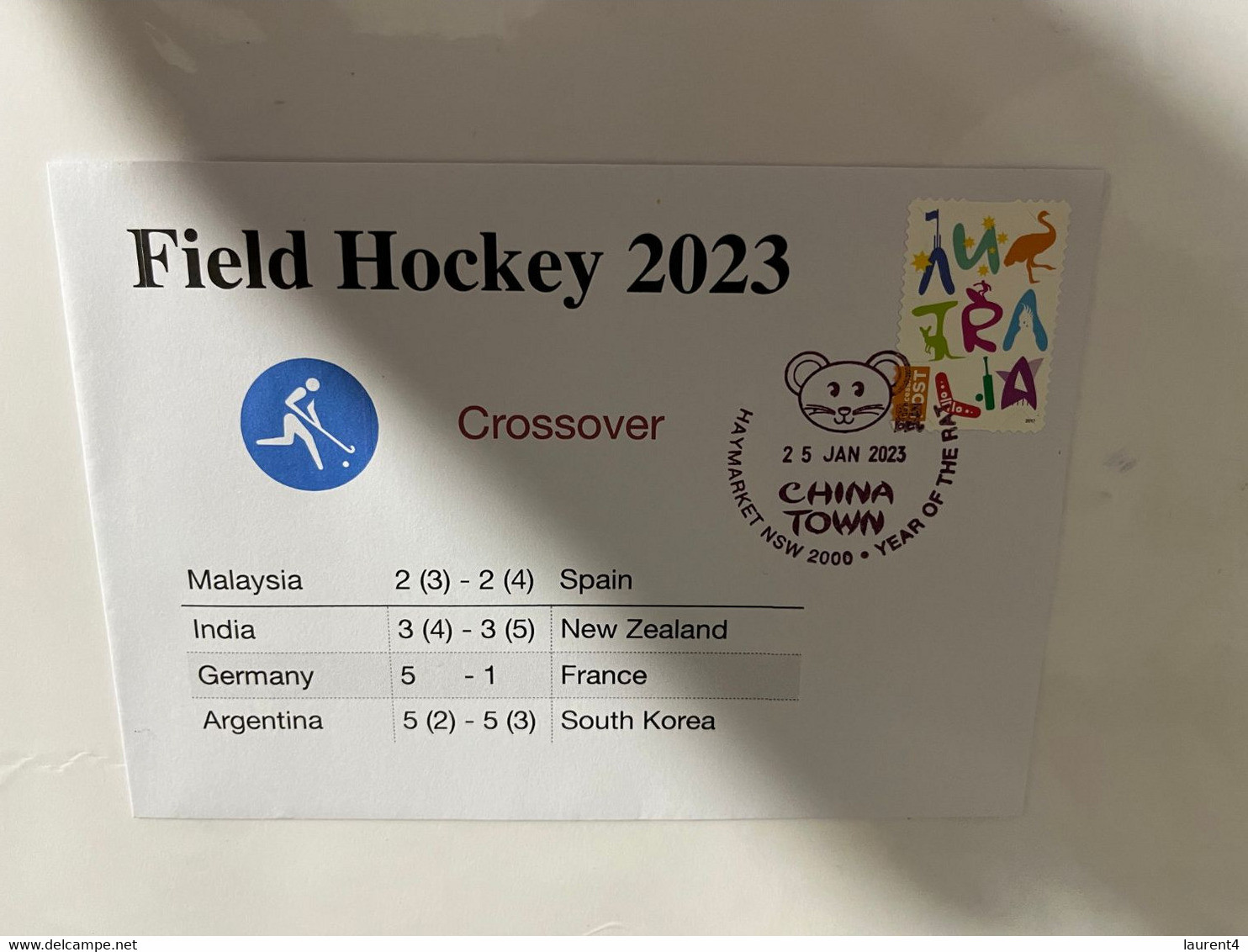 (1 Oø 17) India 2023 World Cup Field Hockey (1 Cover) 13 To 29 Janaury 2023 (with OZ Stamp) Crossover Resuts - Hockey (su Erba)