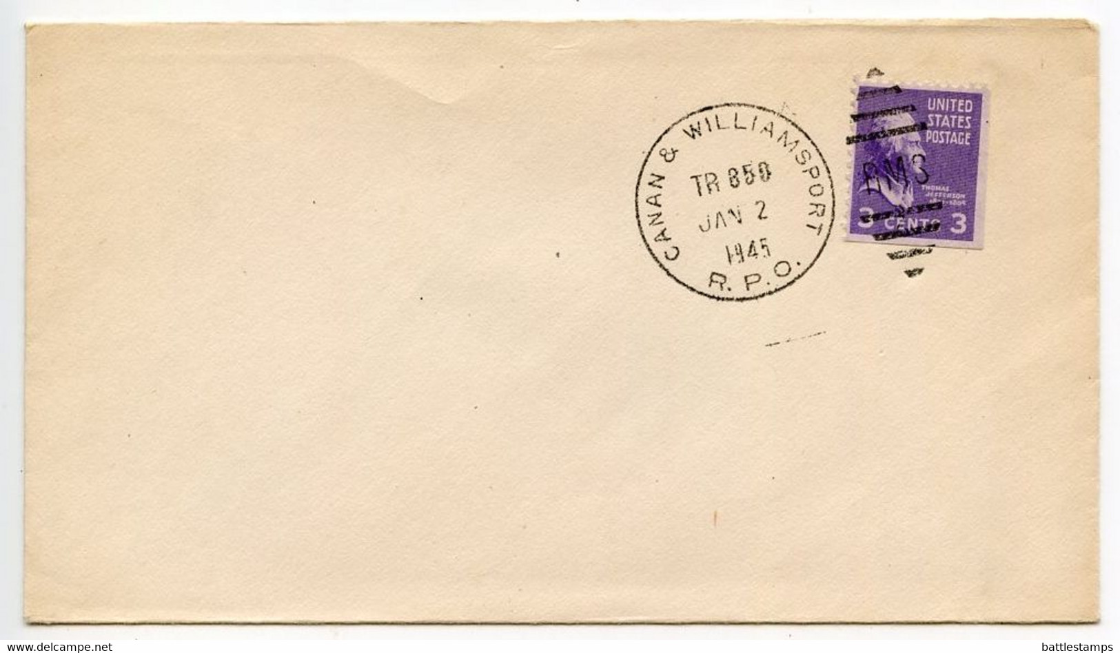 United States 1945 Canan & Williamsport Railway Post Office Cover, RPO TR 650 - Covers & Documents