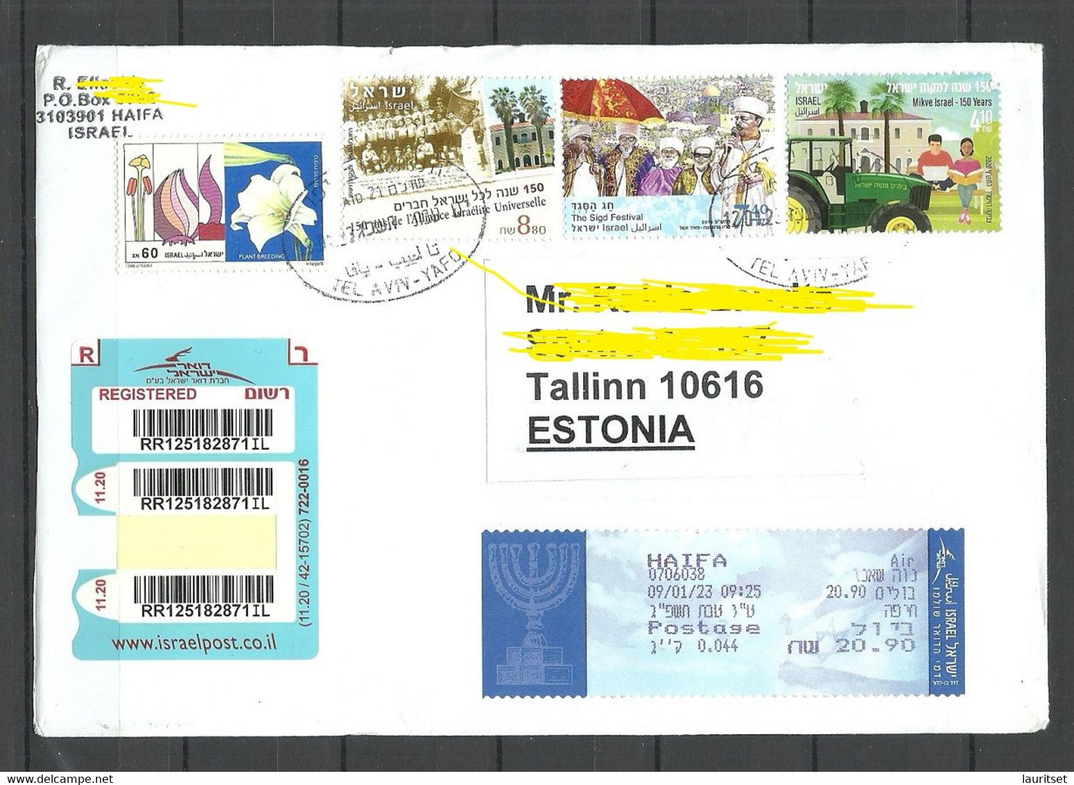 ISRAEL 2022 Registered Cover To Estonia With Many Stamps O Tel Aviv - Lettres & Documents