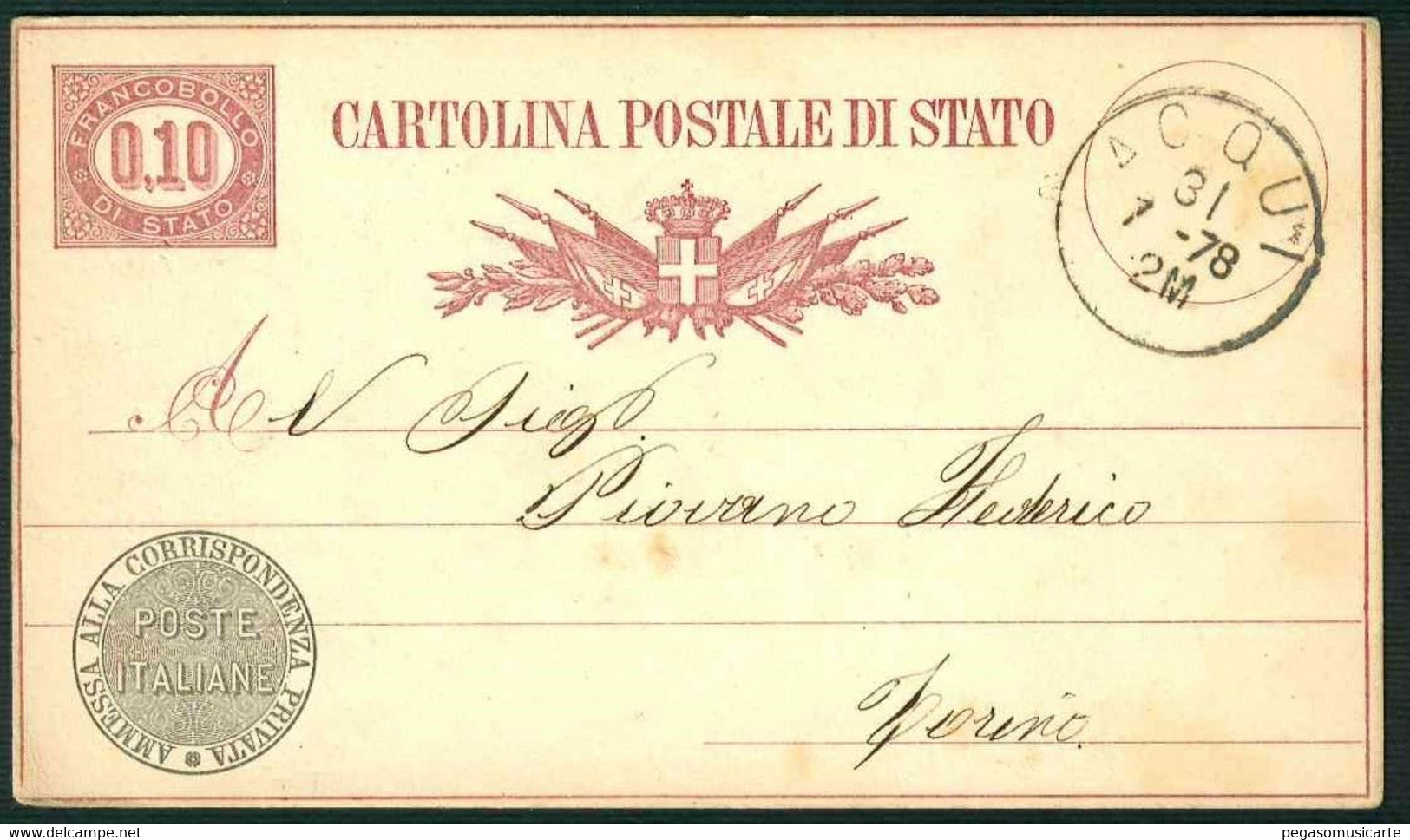 CLH380 -  CARTOLINA POSTALE DI STATO CENTESIMI 0,10 -  STORIA POSTALE 1878 DA ACQUI A TORINO INTERO POSTALE - Ganzsachen