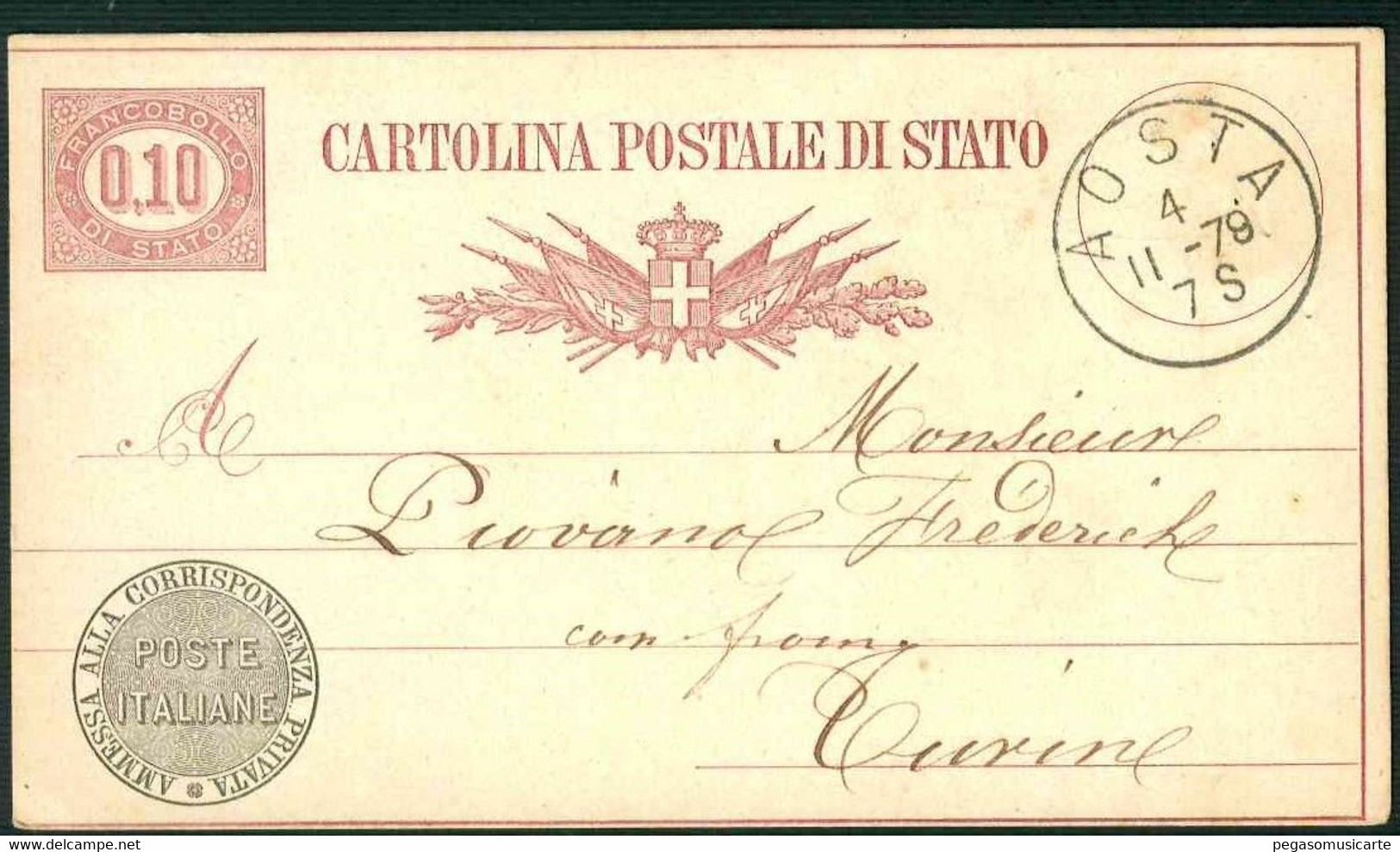 CLH382 -  CARTOLINA POSTALE DI STATO CENTESIMI 0,10 -  STORIA POSTALE 1878 DA AOSTA A TORINO INTERO POSTALE - Stamped Stationery