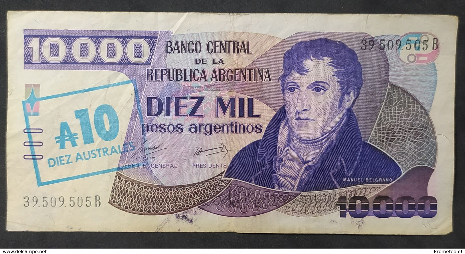 Argentina – Billete Banknote De 10.000 Pesos Argentinos Resellado 10 Australes – Serie B – Año 1985 - Argentine