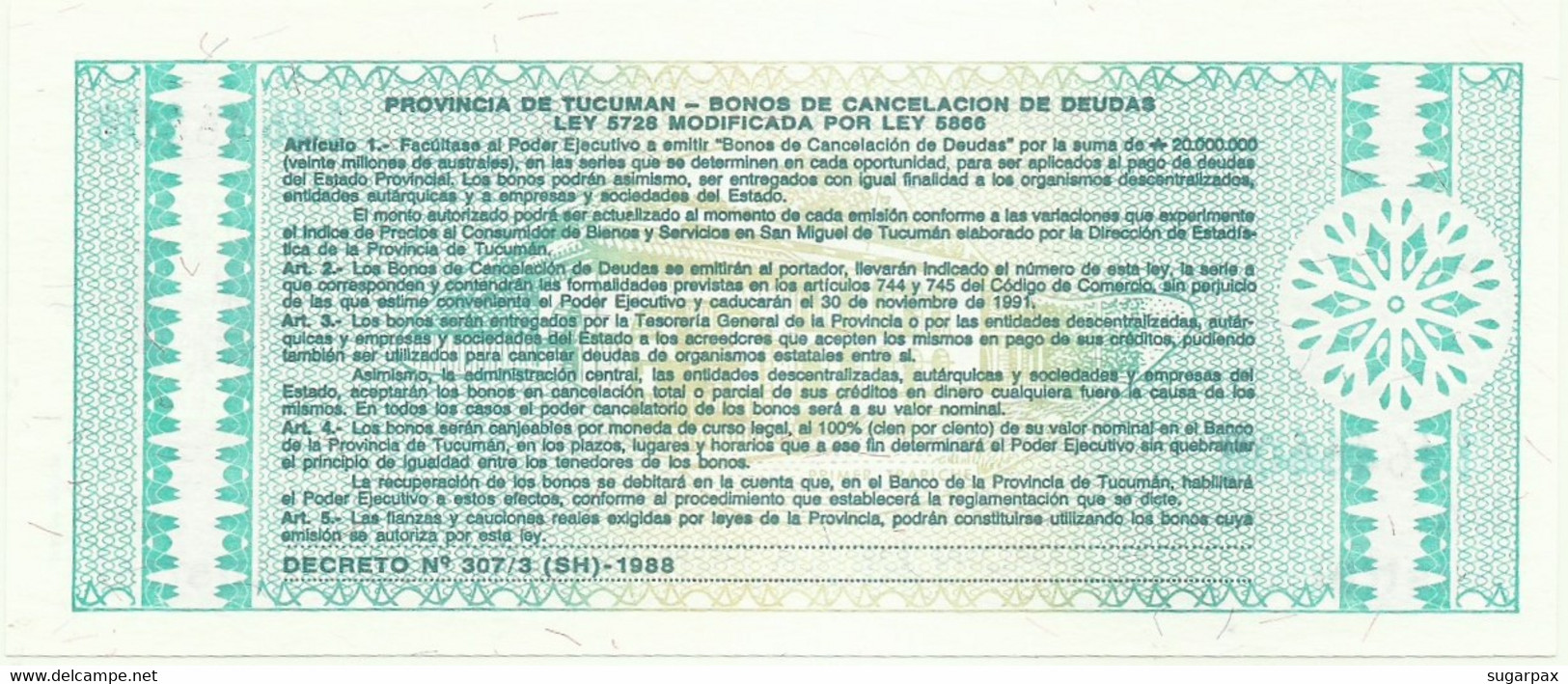 Argentina ( Provincia De Tucuman ) - 1 Austral - ND ( Exp. 1991 ) - Pick: S 2711.b - Unc. - Bonos Cancelacion De Deudas - Argentine