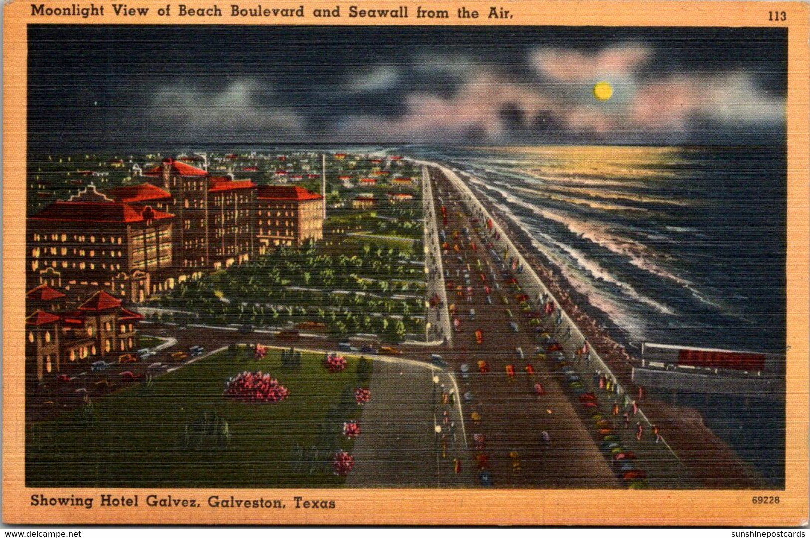 Texas Galveston Moonlight View Of Beach And Seawall From The Air - Galveston