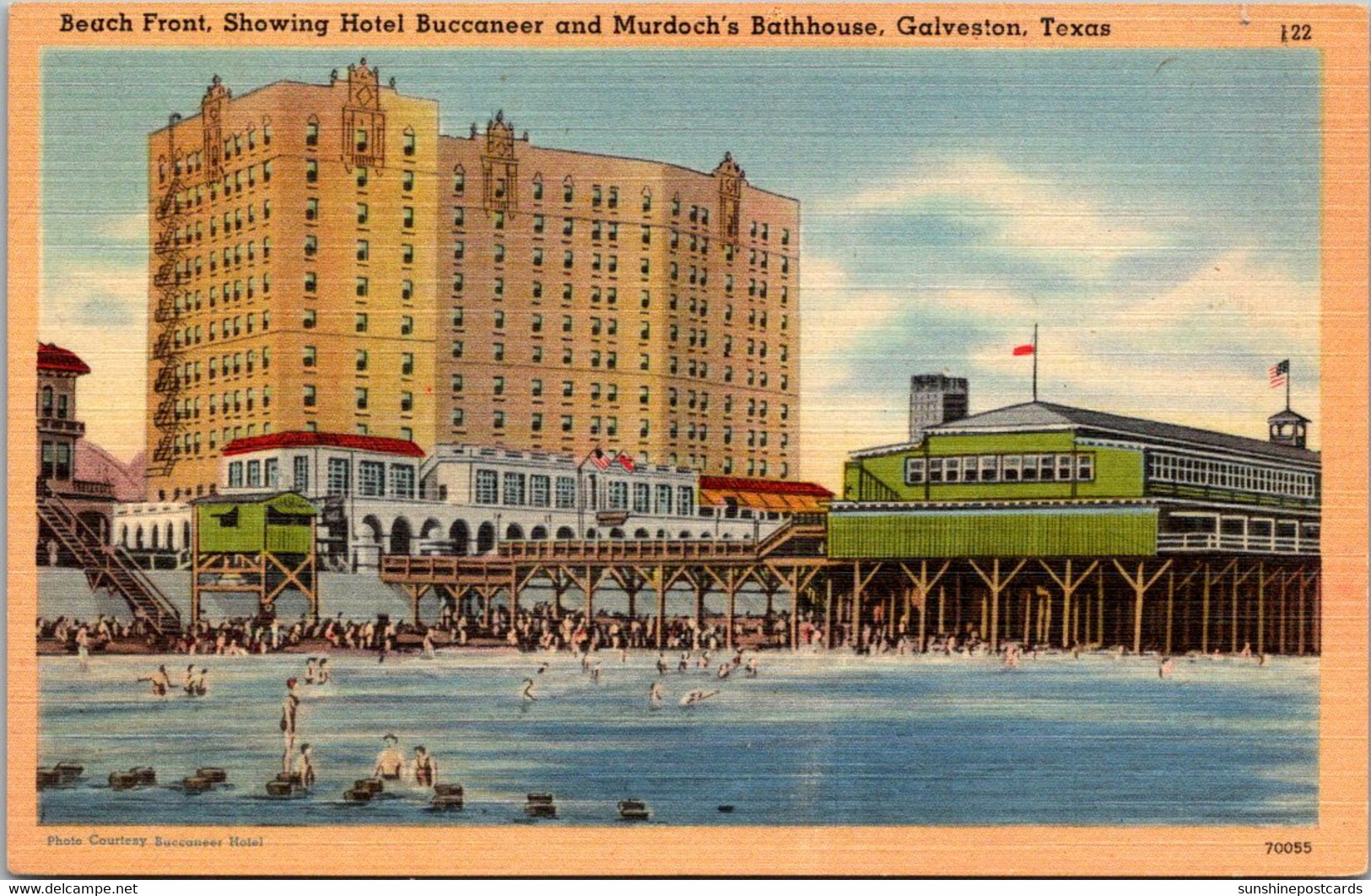 Texas Galveston Beach Front Showing Hotel Buccaneer And Murdoch's Bathhouse - Galveston