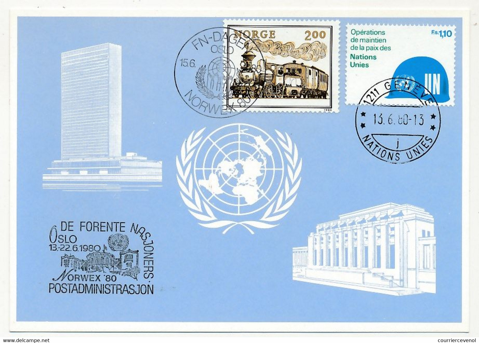 NORVEGE - Carte Postale ONU Cachets Exposition NORWEX 1980 Oslo Et TP ONU Maintien De La Paix Obl Genève 13/6/1960 - Storia Postale