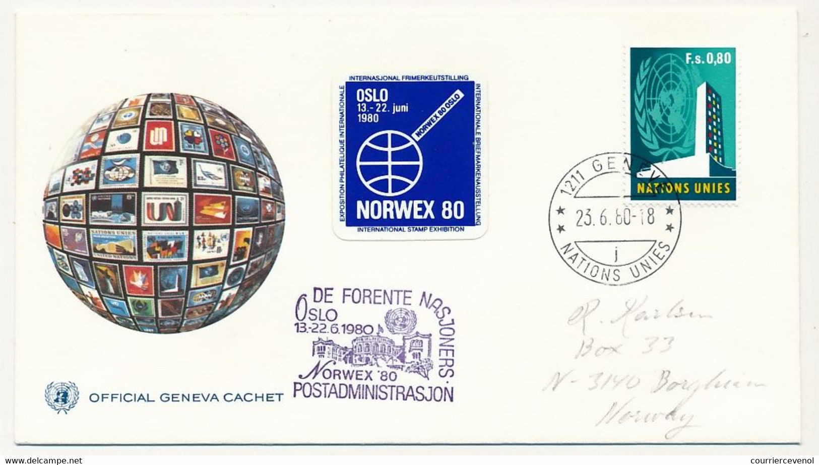 NORVEGE / ONU - 6 Documents ONU Avec Vignette Bleue "NORWEX 80" Oblit Diverses Et Stand ONU à L'expo - OSLO 1980 - Cartas & Documentos