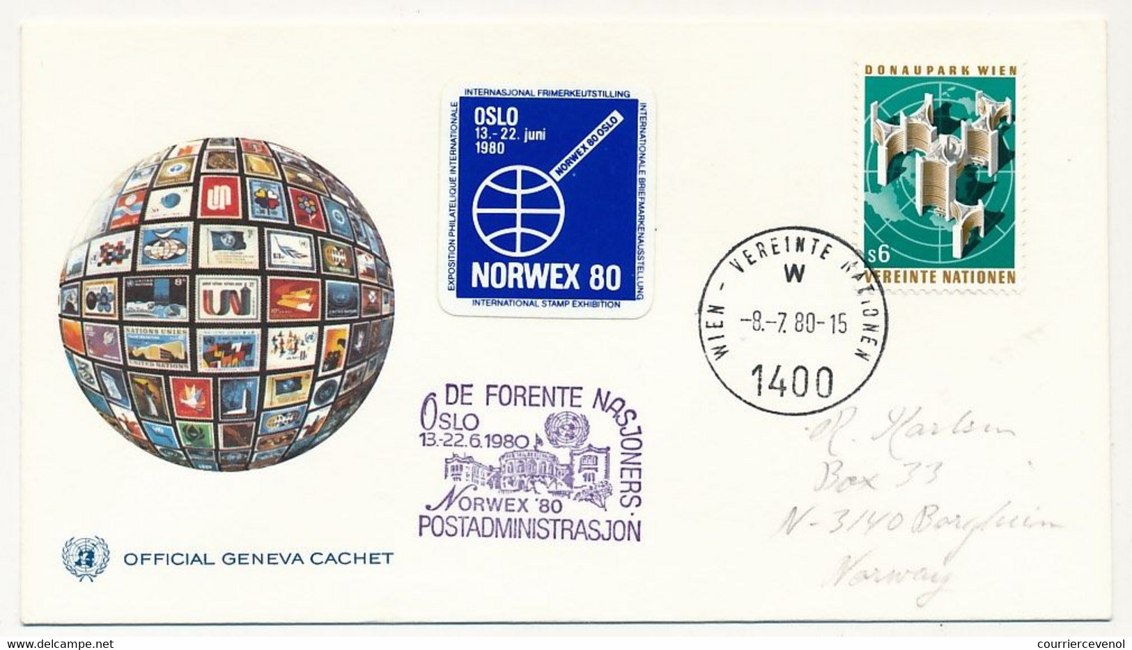 NORVEGE / ONU - 6 Documents ONU Avec Vignette Bleue "NORWEX 80" Oblit Diverses Et Stand ONU à L'expo - OSLO 1980 - Storia Postale