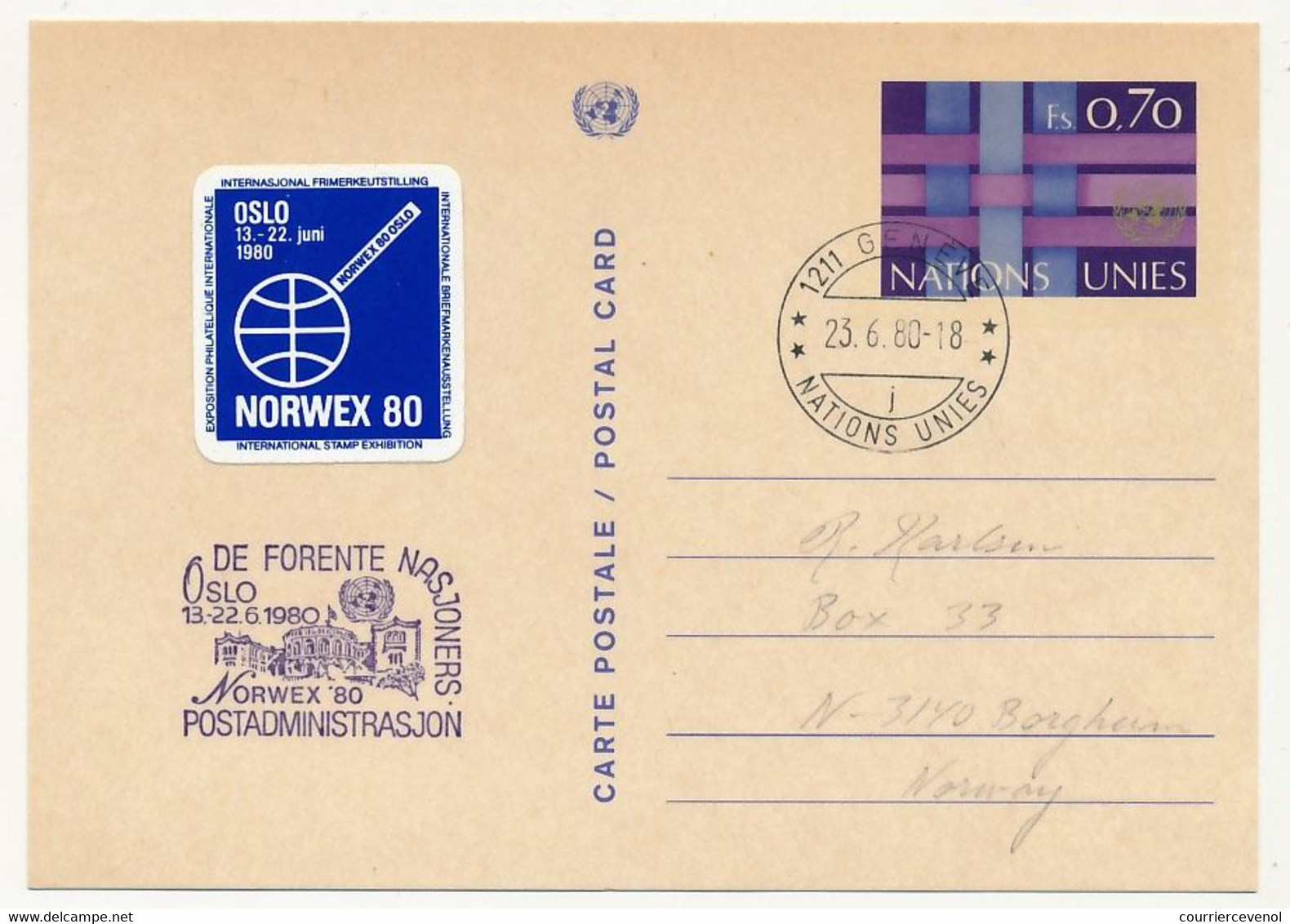 NORVEGE / ONU - 6 Documents ONU Avec Vignette Bleue "NORWEX 80" Oblit Diverses Et Stand ONU à L'expo - OSLO 1980 - Cartas & Documentos