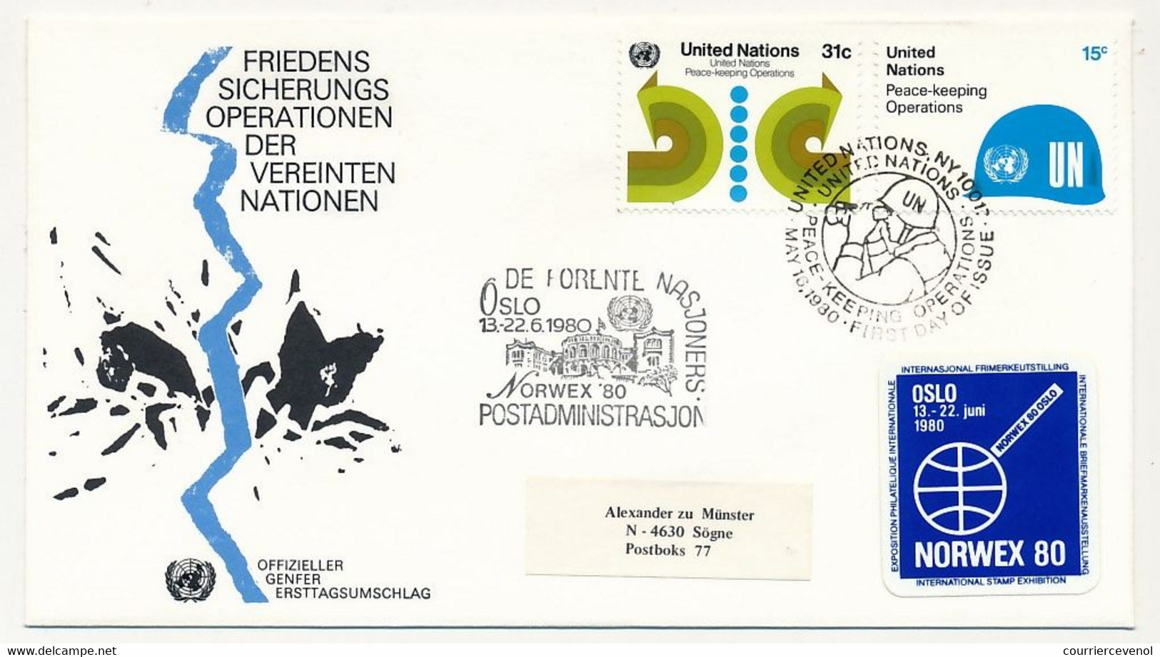 NORVEGE / ONU - 6 Documents ONU Avec Vignette Bleue "NORWEX 80" Oblit Diverses Et Stand ONU à L'expo - OSLO 1980 - Storia Postale