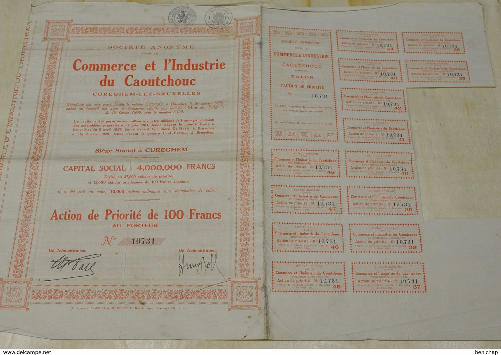 Commerce Et L'industrie Du Caoutchouc - Cureghem-lez Bruxelles - Action De Priorité De 100 Frs. Au Porteur - 1899. - Industry