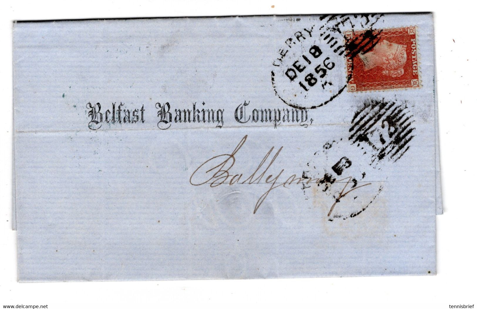 1856 , 1 P. , Clear Irish Spoon Canc. " DERRY   72  " Complete Banking Cover Only ,very Good Condition - Covers & Documents