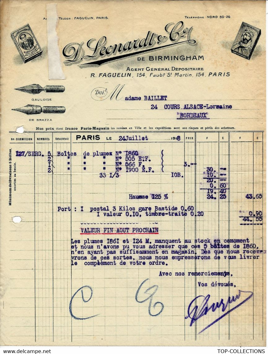 1918 Entête ECRITURE PLUMES  POUR ECRIRE Leonardt & Cie De Birmingham Faguelin Paris Pour Baillet à Bordeaux CV. SCANS - 1900 – 1949