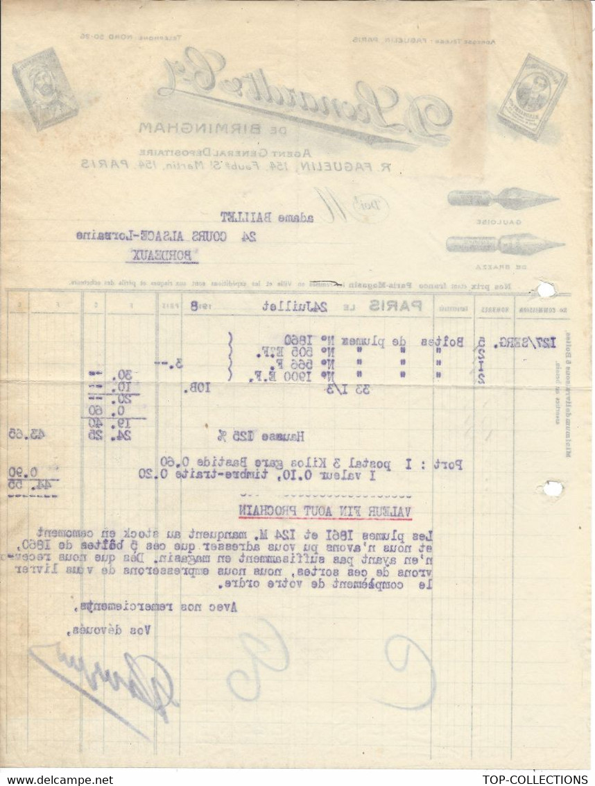 1918 Entête ECRITURE PLUMES  POUR ECRIRE Leonardt & Cie De Birmingham Faguelin Paris Pour Baillet à Bordeaux CV. SCANS - 1900 – 1949