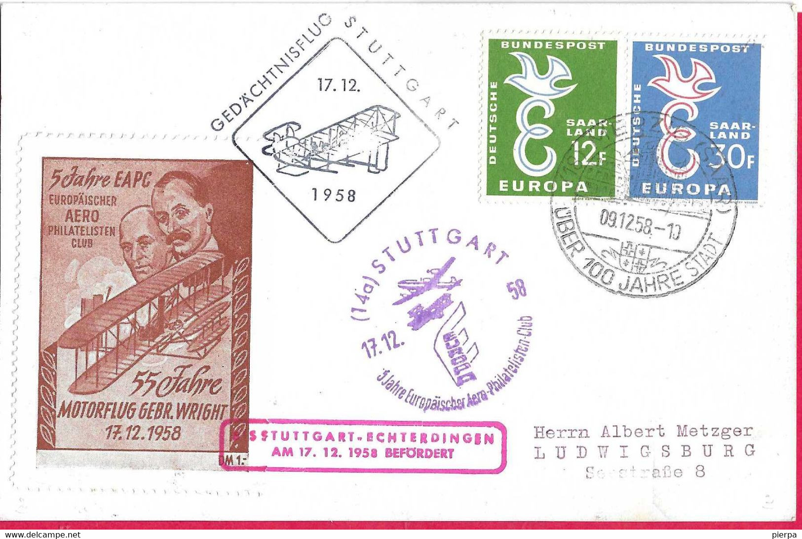 SAAR - VOLO PARACADUTATO - ANNULLO "WENDEL /SAAR)*9.12.58*WALFAHRTS - U.MARKSTADT" SU CARTOLINA - Airmail