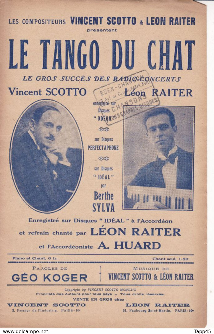 Le Tango Du Chat	> Chanteur >	Berte Sylva > Partition Musicale Ancienne > 	26/01/2023 - Vocals