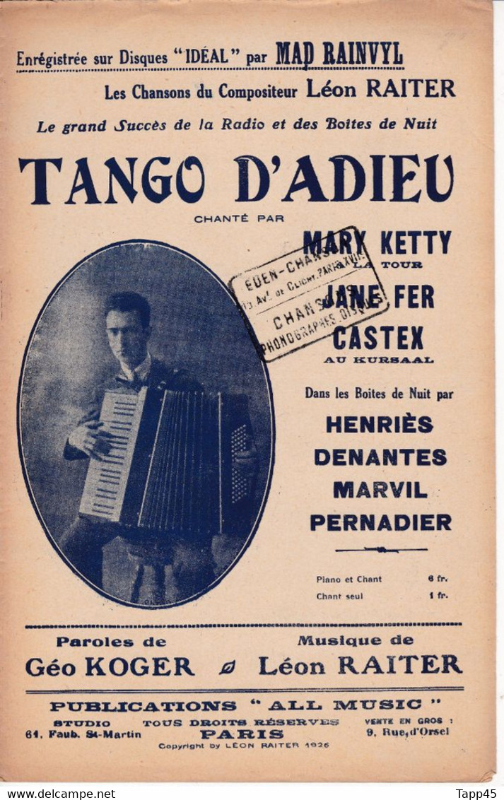 Tango D'Adieu	> Chanteur >	Mary Ketty	> Partition Musicale Ancienne > 	26/01/2023 - Chant Soliste