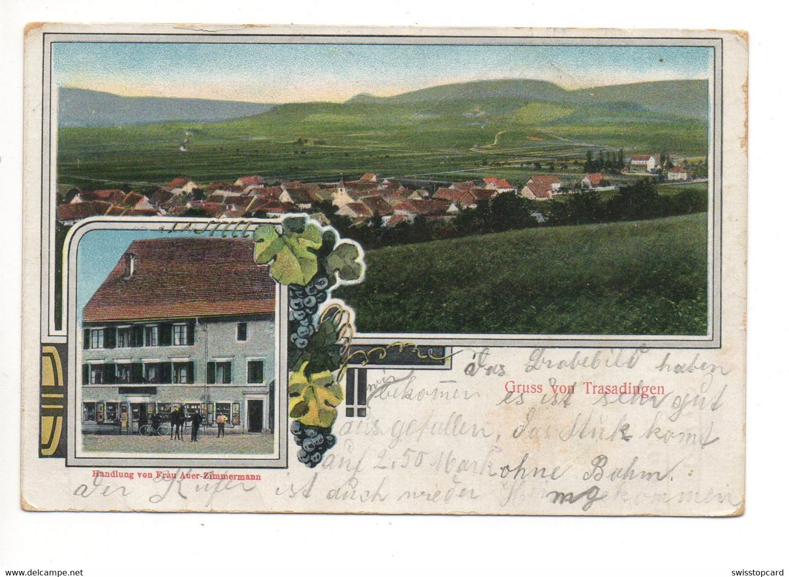 Gruss Von TRASADINGEN Handlung Von Frau Auer-Zimmermann Photo J. Frei Hallau Stempel Bahnpost Singen-Basel Z. 1617 1912 - Hallau